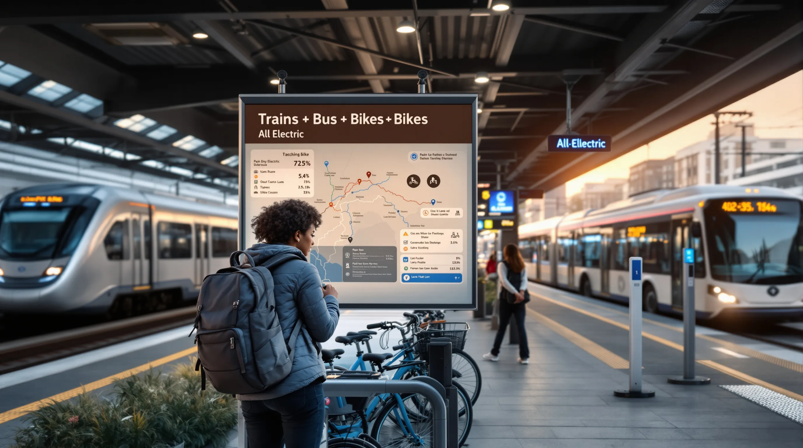 Traveler at U.S. transit hub choosing train, electric bus, and bike-share options.