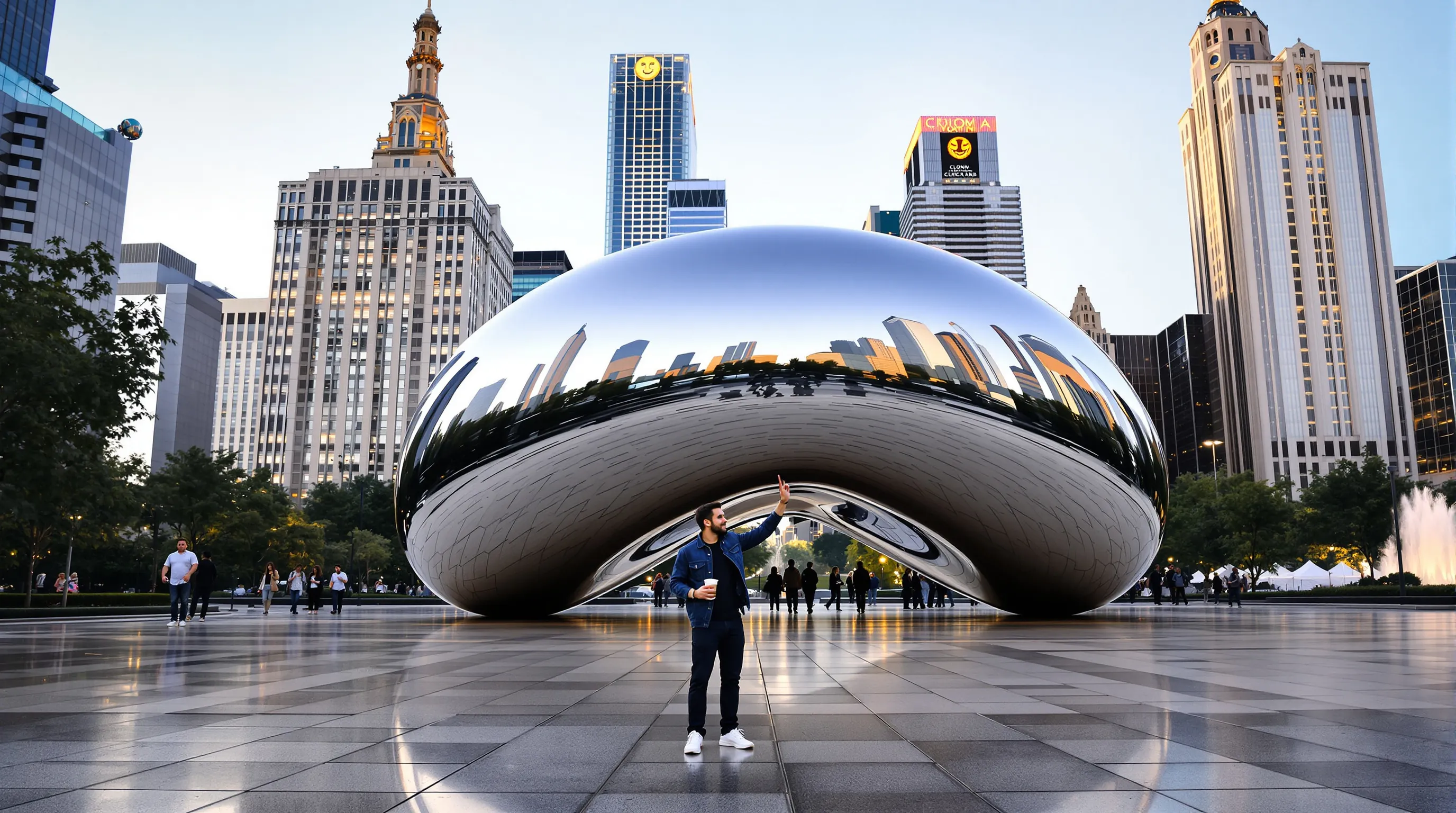 Cloud Gate reflecting Chicago skyline at sunrise with a lone visitor photographing.