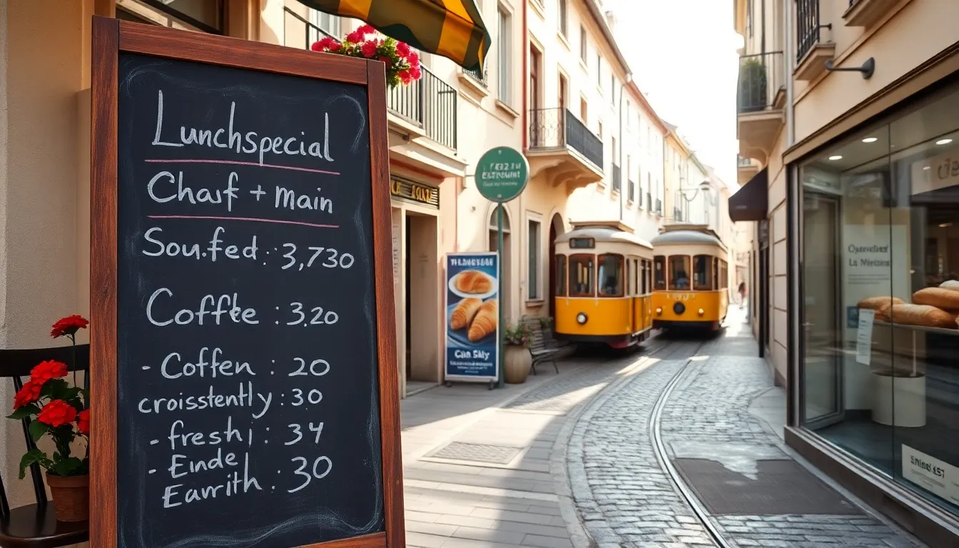 Chalkboard cafe menu with low euro prices on a sunlit European street.