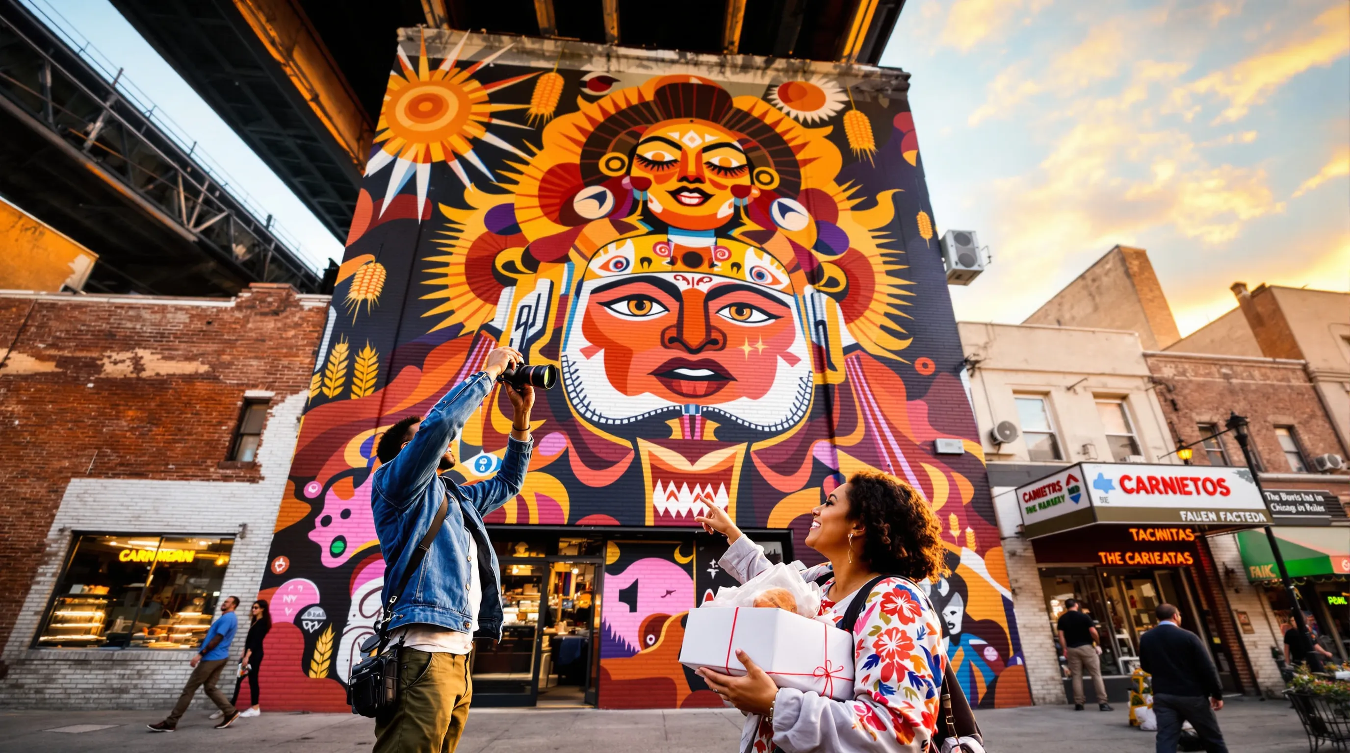 Tourists photograph a Pilsen mural, holding conchas and a Carnitas takeout bag.