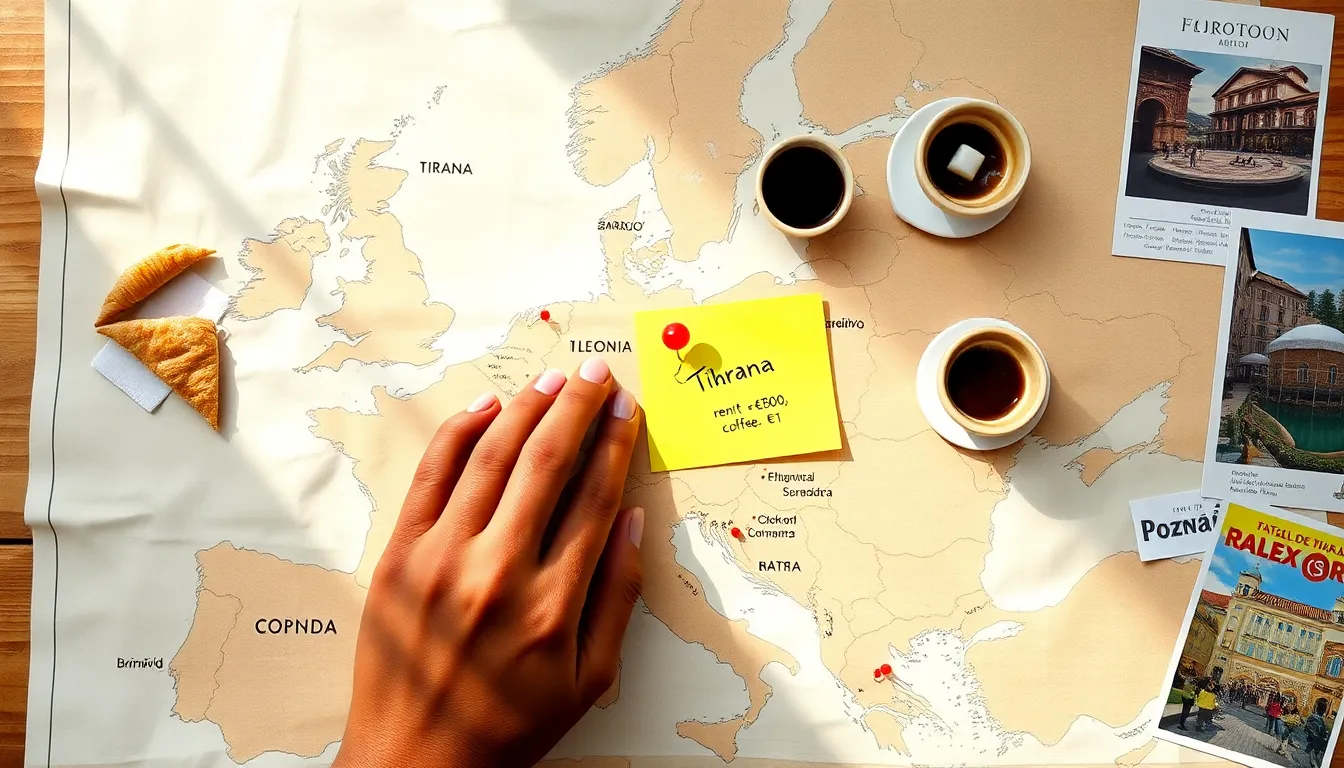 Hand pinning budget European cities on a map with travel mementos.