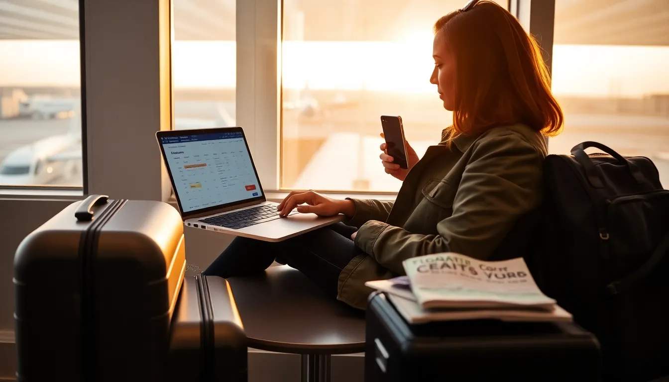Traveler checks cheap Europe flights midweek with carry-on in quiet airport.