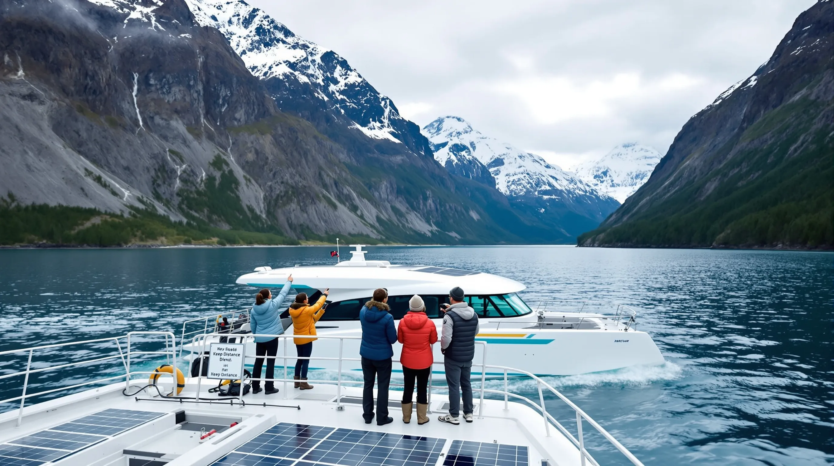 Electric catamaran in Alaska fjord with small group practicing responsible wildlife viewing.