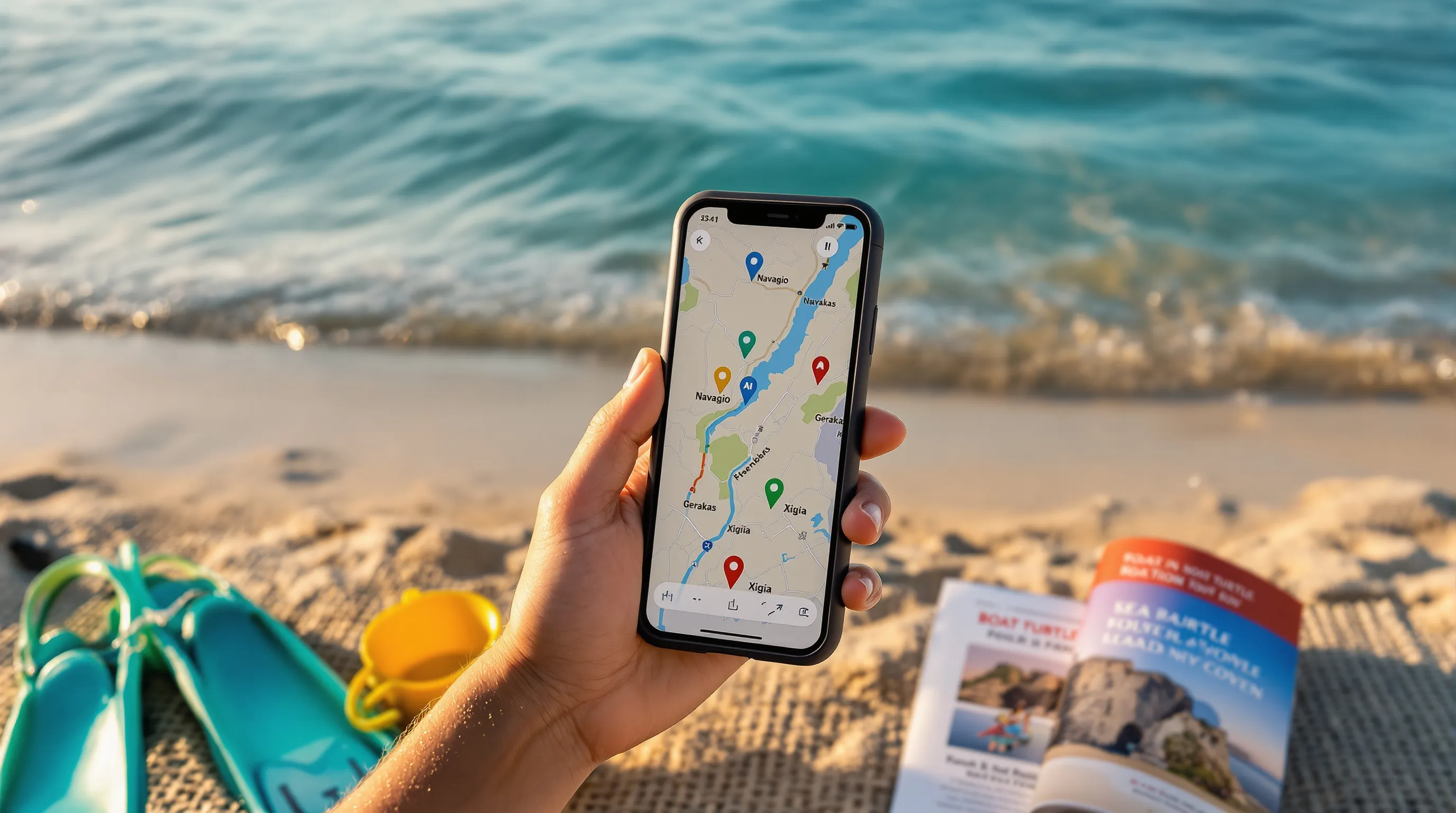 Traveler weighing Zakynthos beach options on a phone at a calm sandy shore.