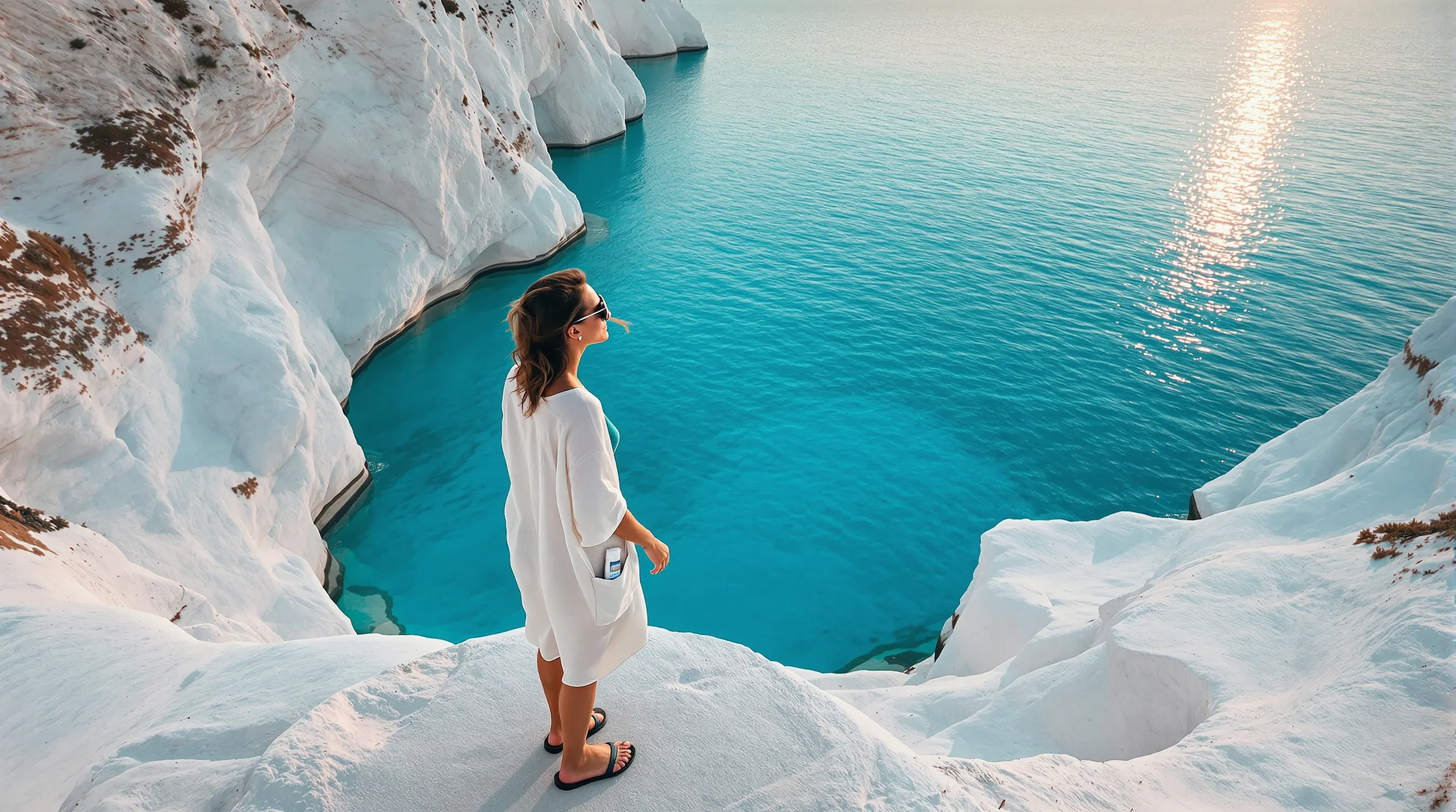 Traveler on white rocks at Sarakiniko, Milos, overlooking neon-blue water.