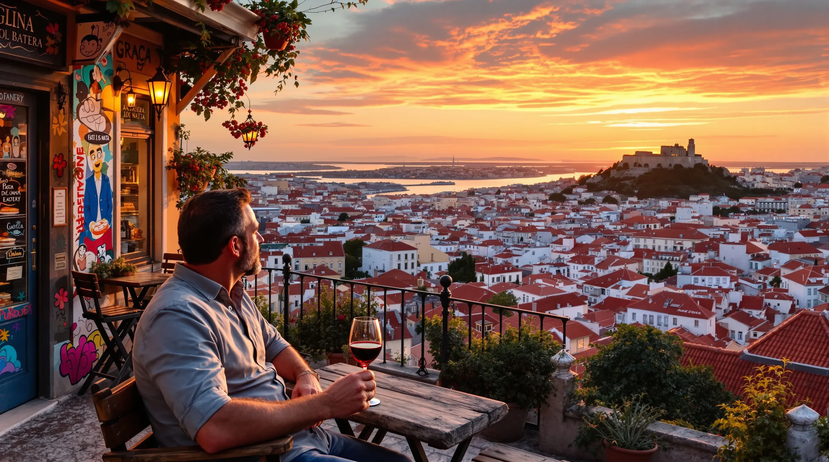 A man enjoying wine at a bar overlooking Lisbon at sunset.