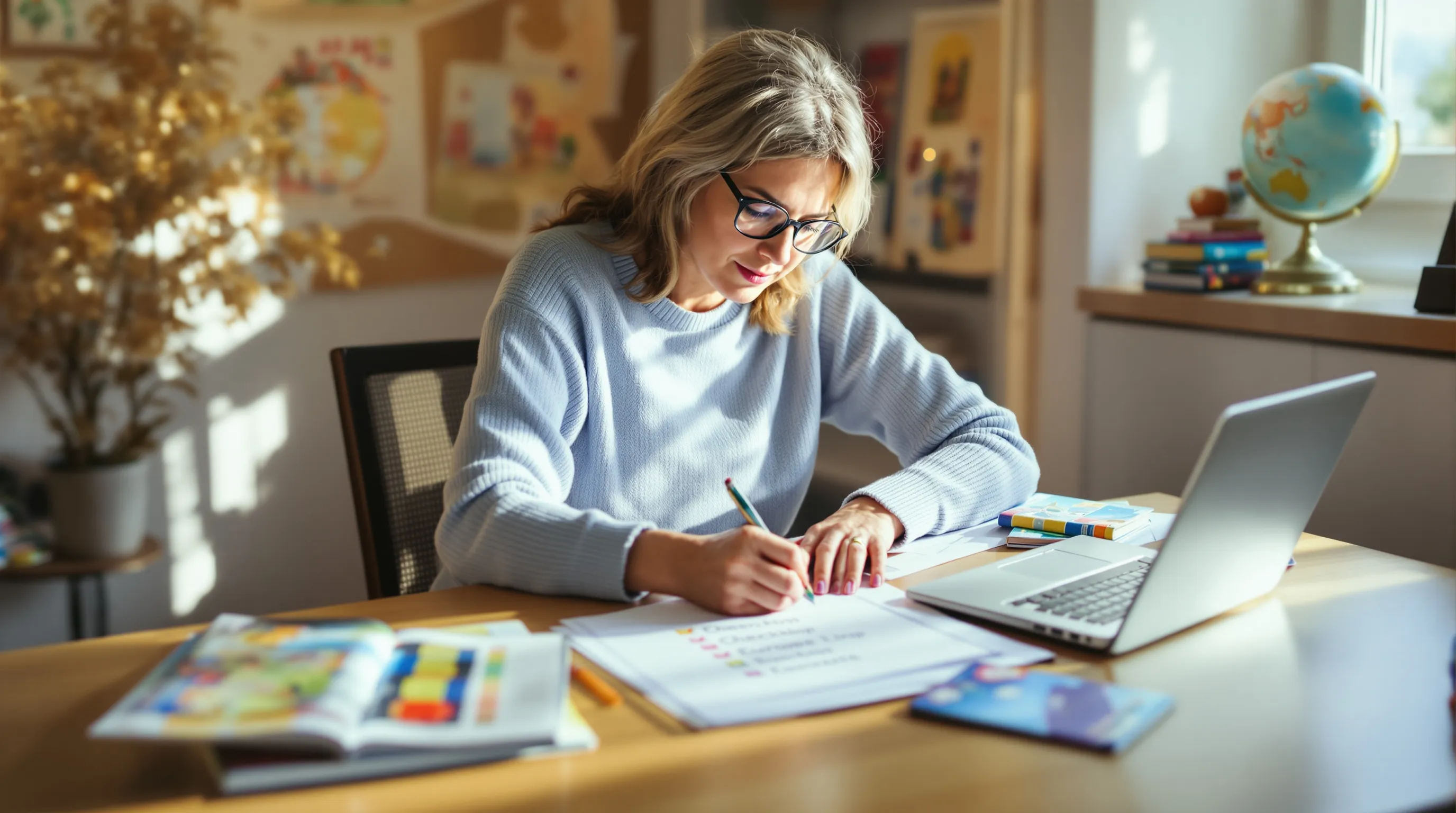 a woman organizing a travel checklist for a trip to Europe.