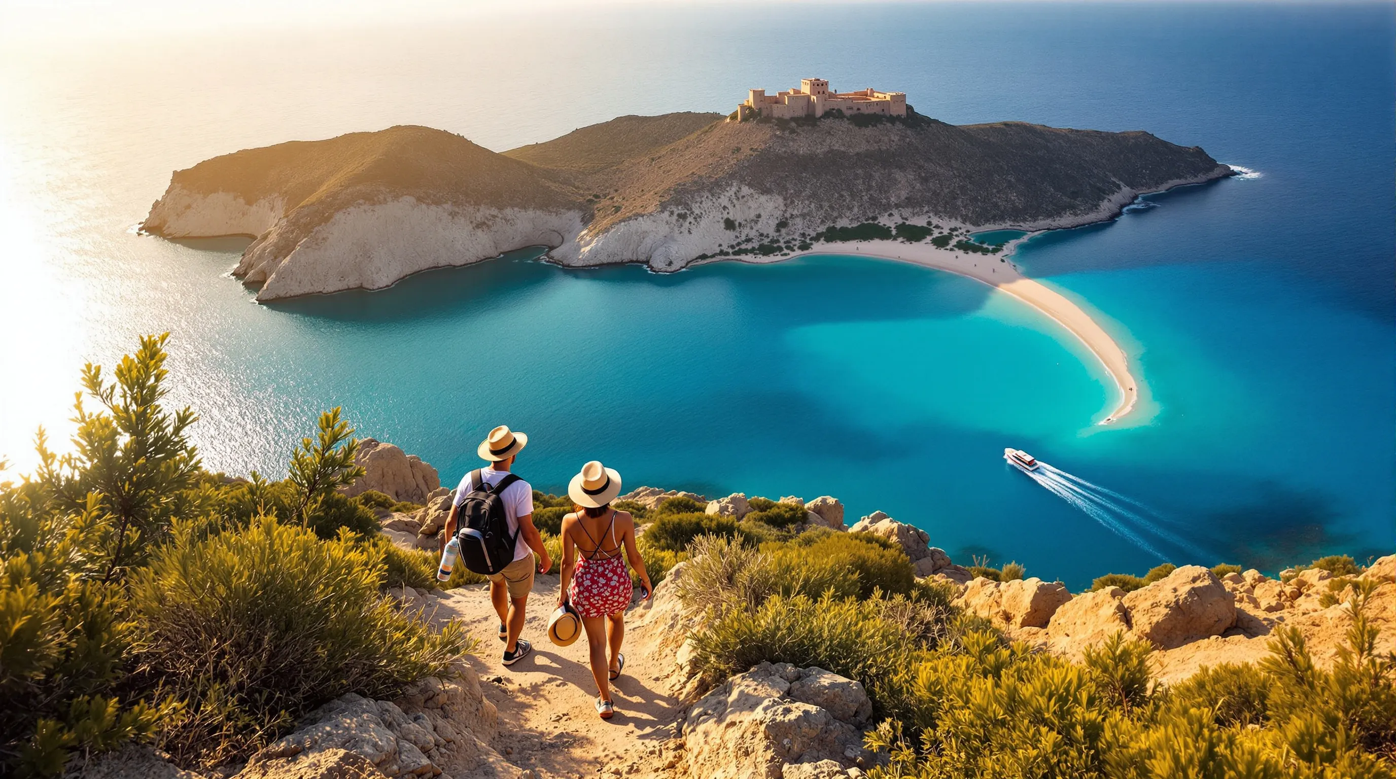 Early morning view of Balos Lagoon with sandbar, hikers, and turquoise water.
