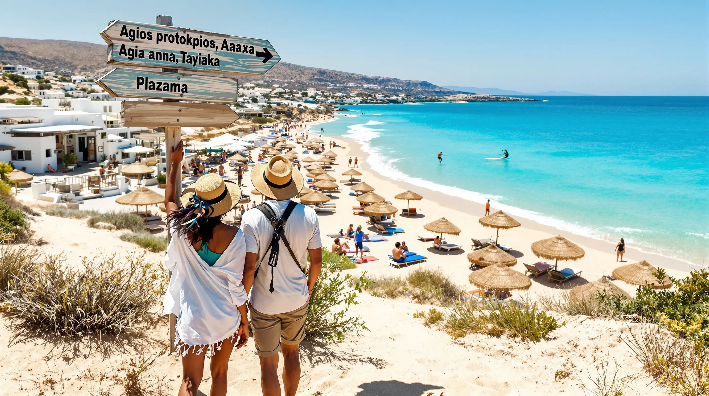 Couple choosing between Naxos beach options: umbrellas, kitesurfer, and quiet coves.