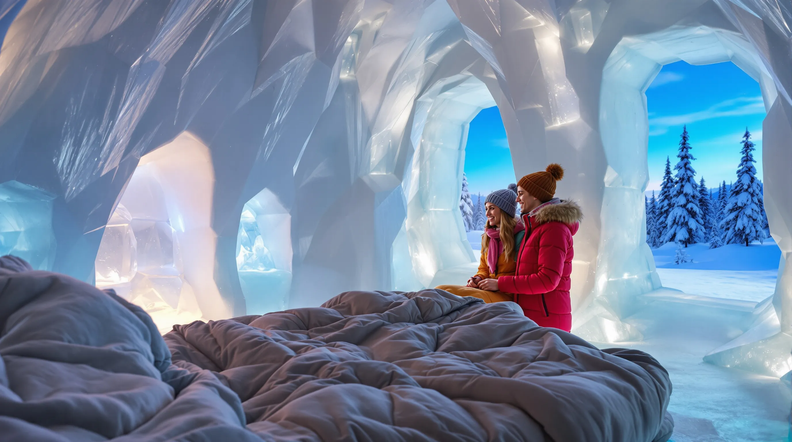 a couple inside a stunning ice hotel lobby with sculptures and warm lighting.