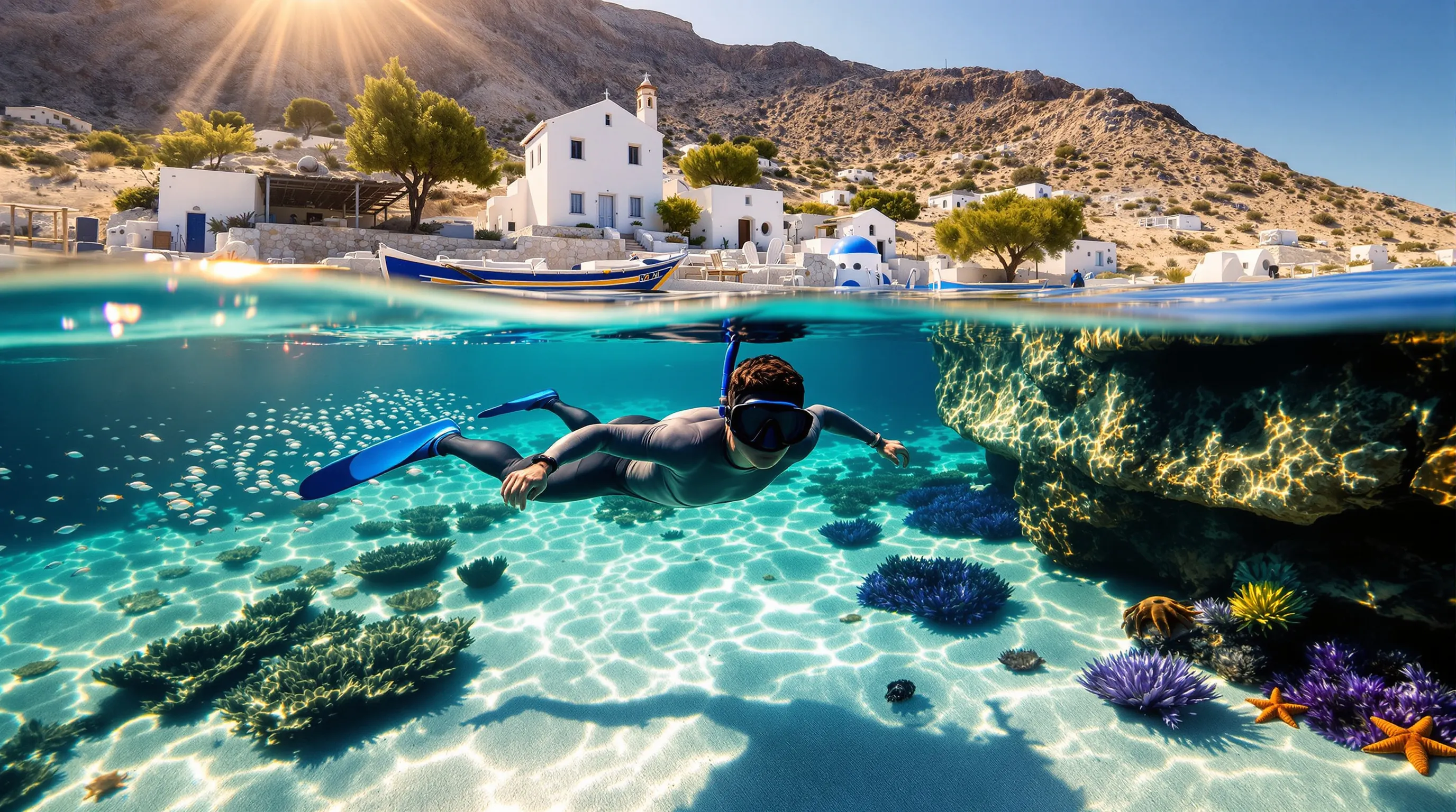 Snorkeler over seagrass in calm Greek cove on a clear morning.