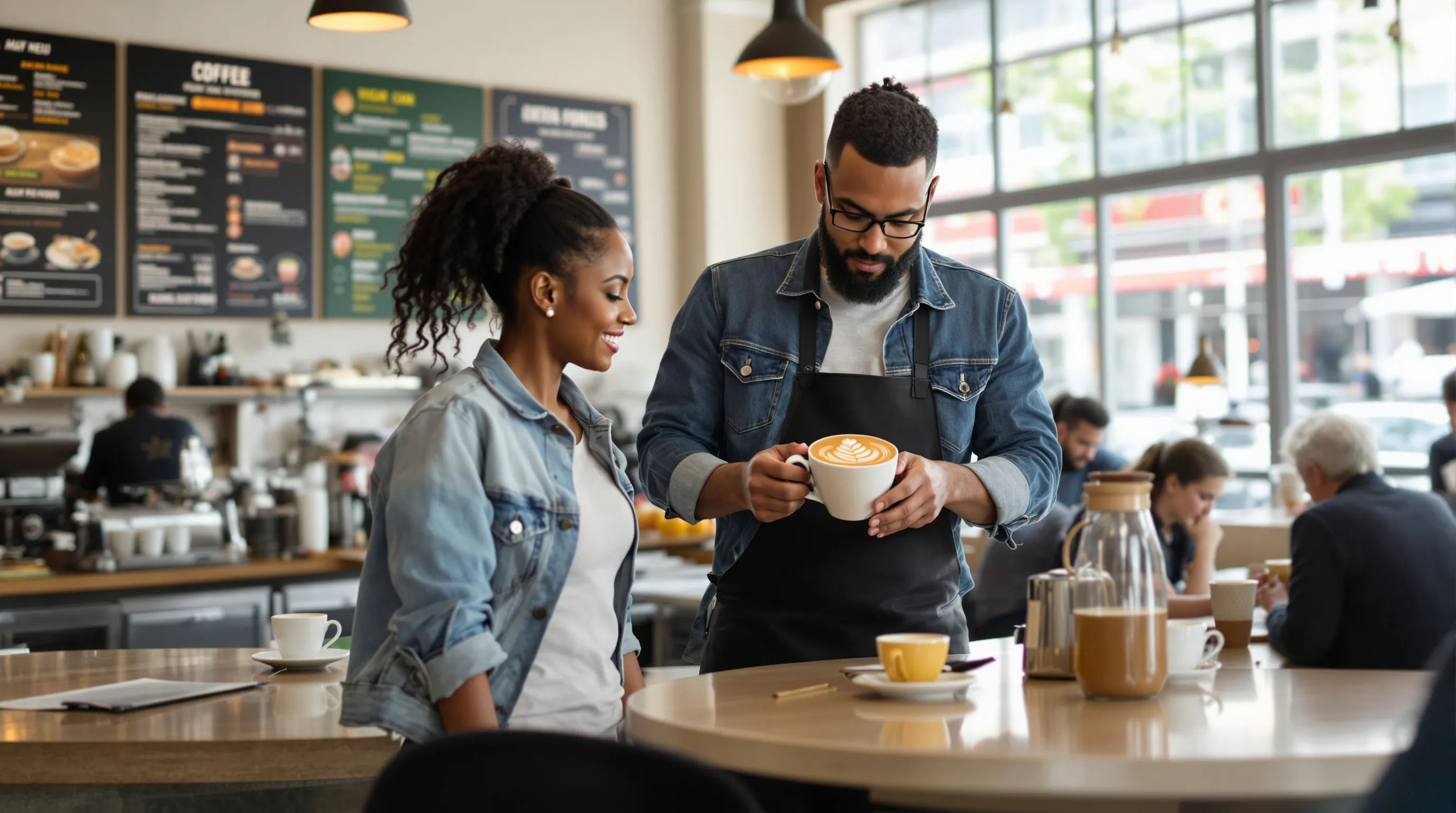 a woman waiting for her large coffee in a busy American café.
