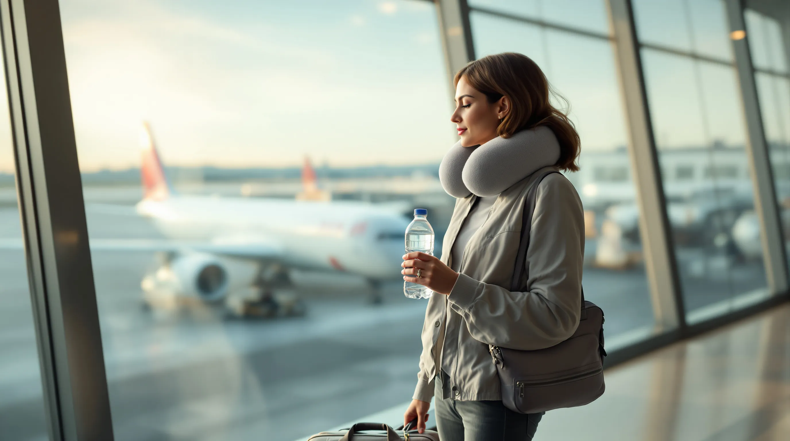 a traveler preparing for a flight with water and comfort items at the airport.