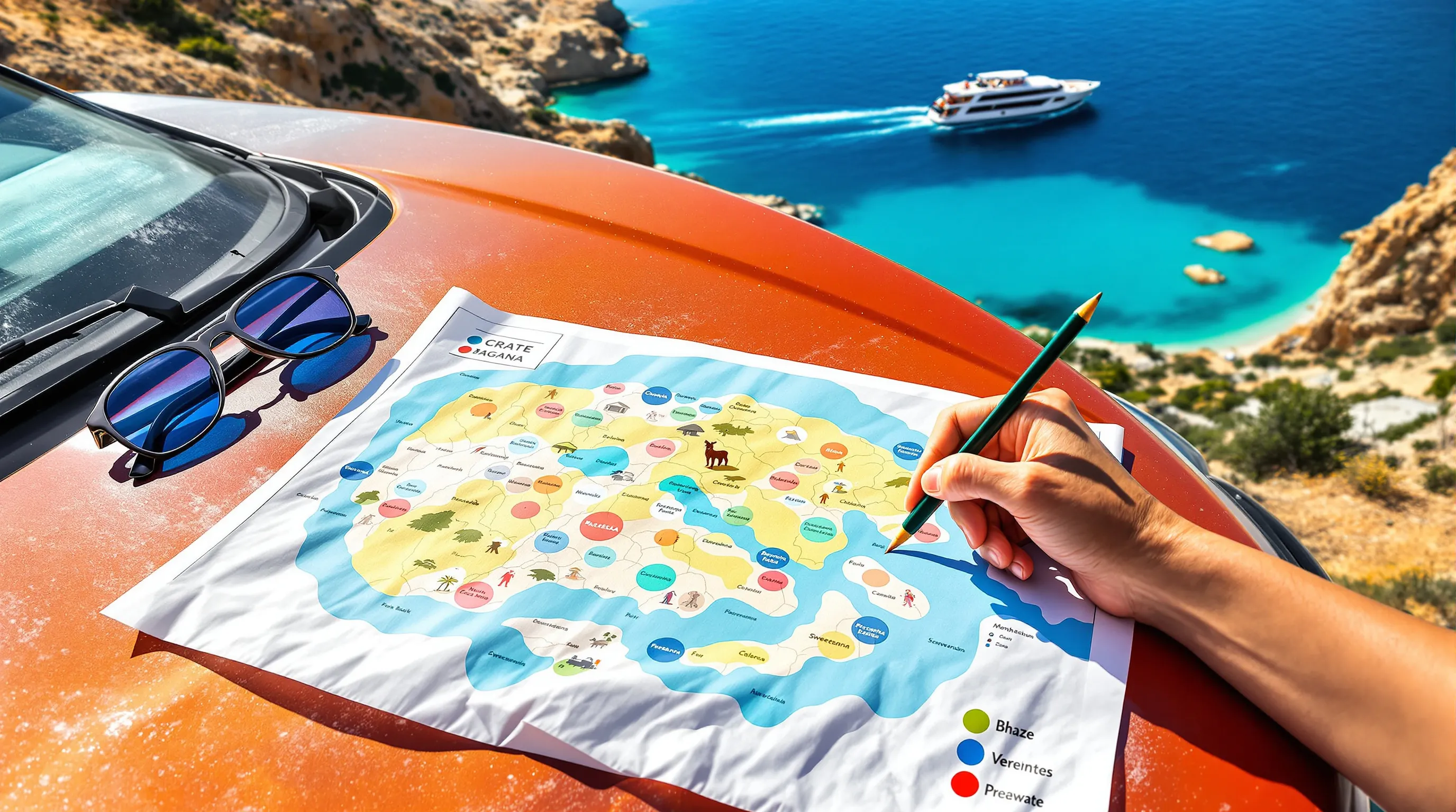 Map on car hood above Balos lagoon, planning the best Crete beach base.