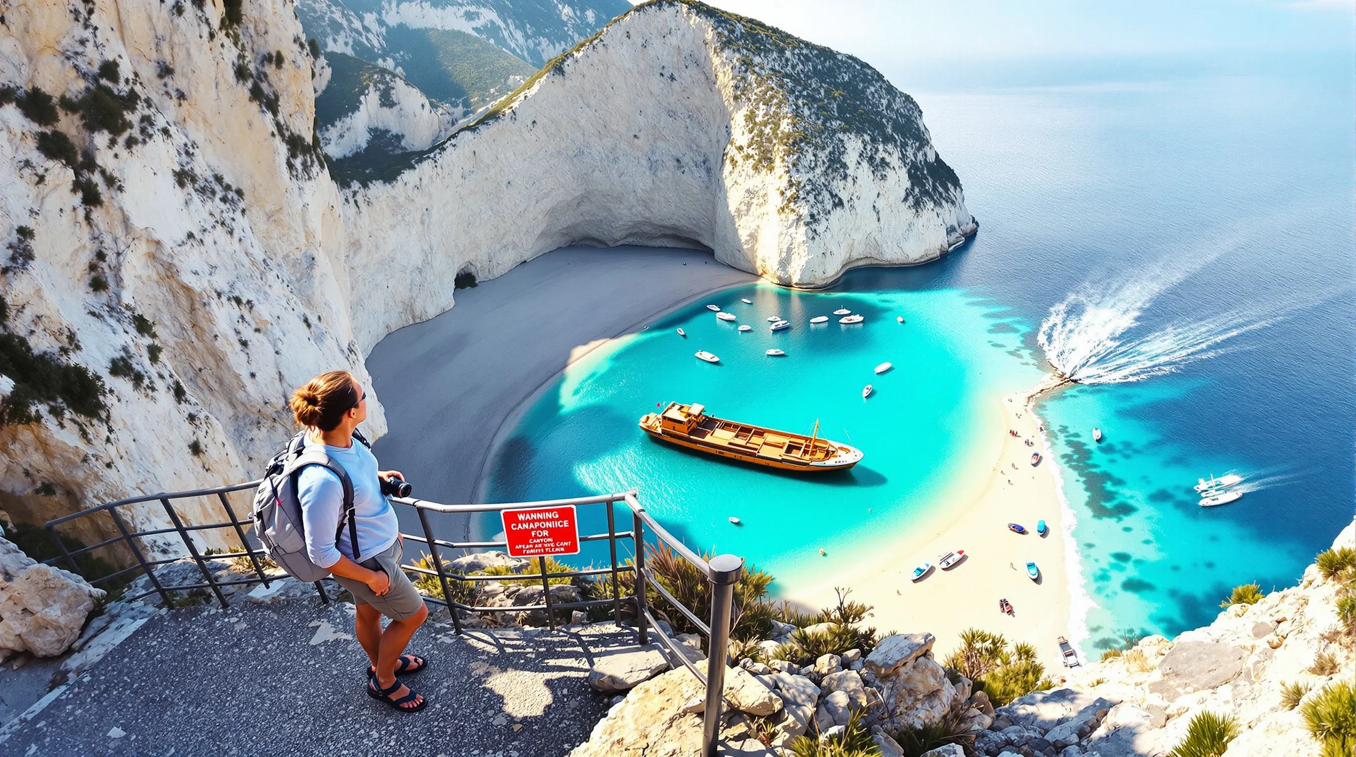 Clifftop view of Navagio Beach with shipwreck, safety barrier, and tour boats.