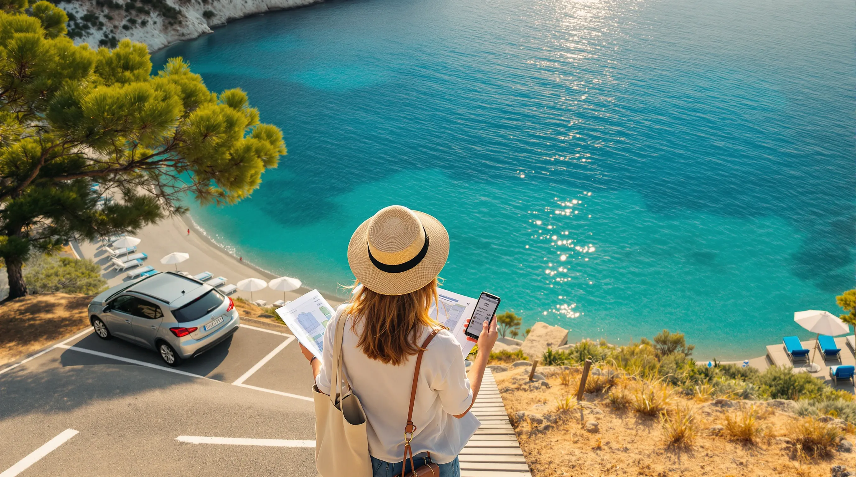 Traveler weighs ferry and road options overlooking a golden Greek sandy beach.