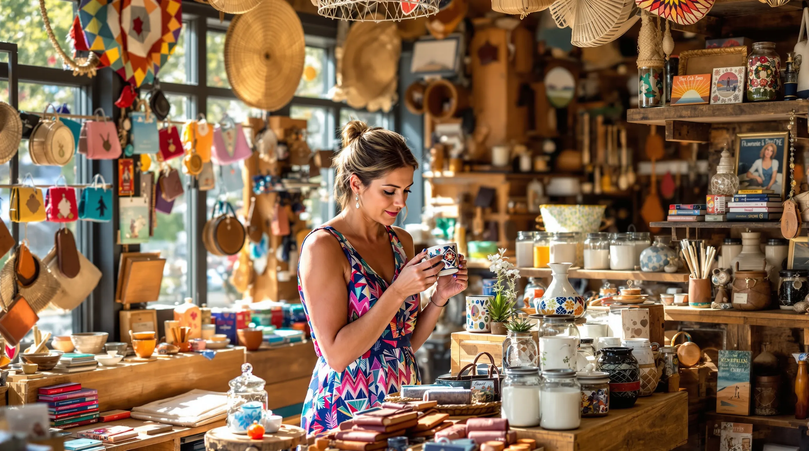 a woman exploring handcrafted souvenirs in a vibrant gift shop.
