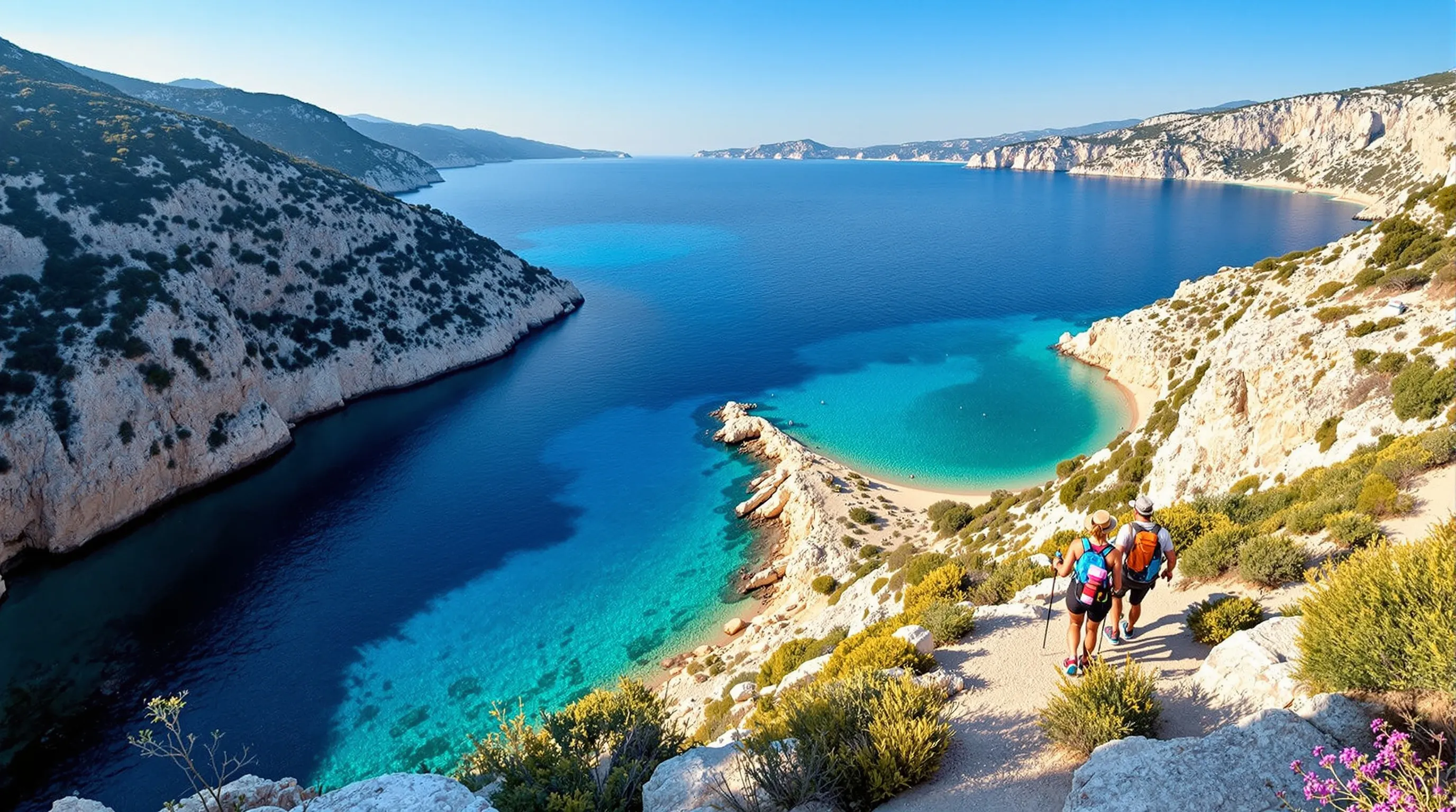 Overlook of Porto Timoni’s twin hidden coves with hikers on a rocky path.