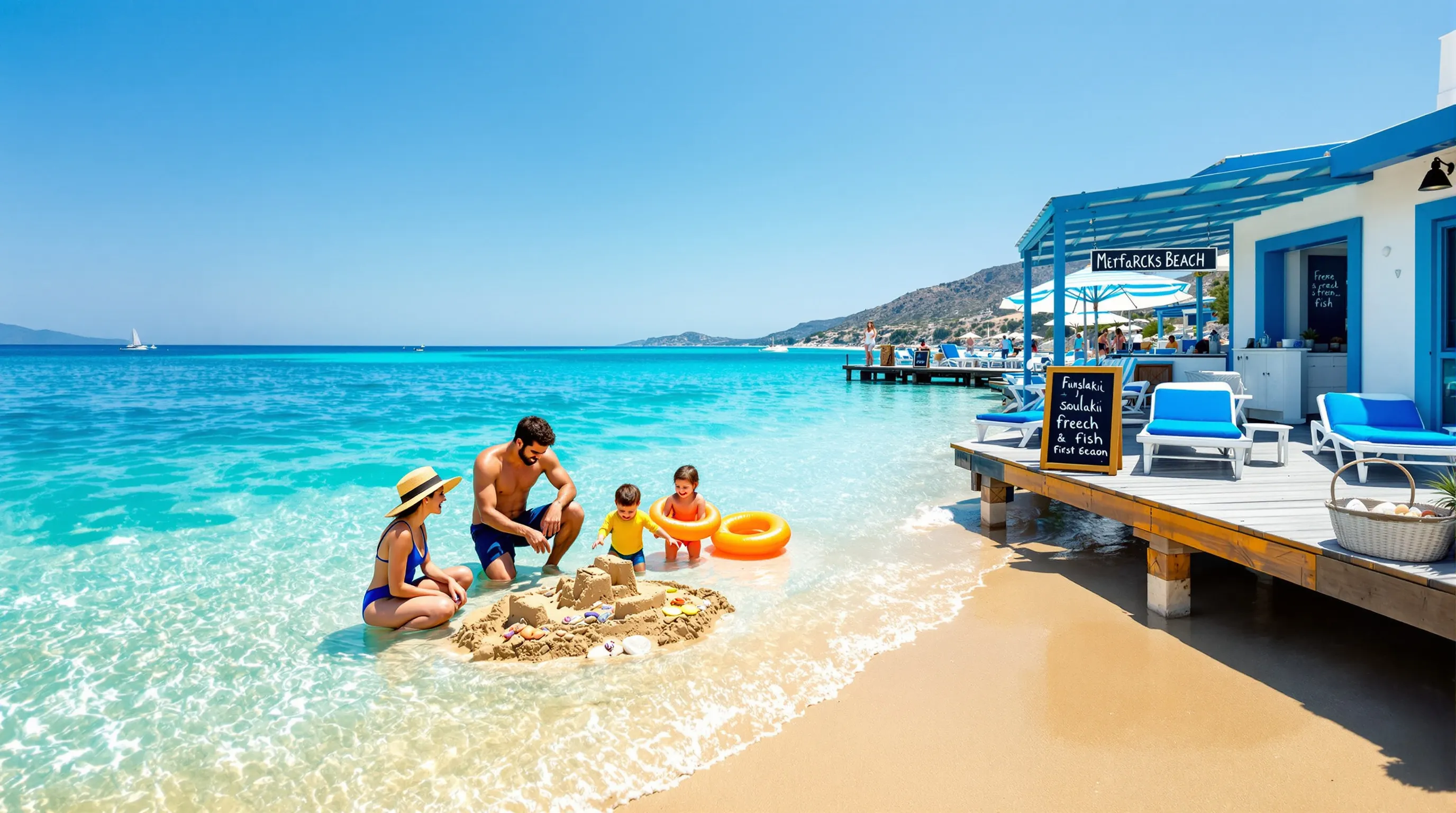 Family with kids in shallow turquoise water on a Cycladic sandy beach.