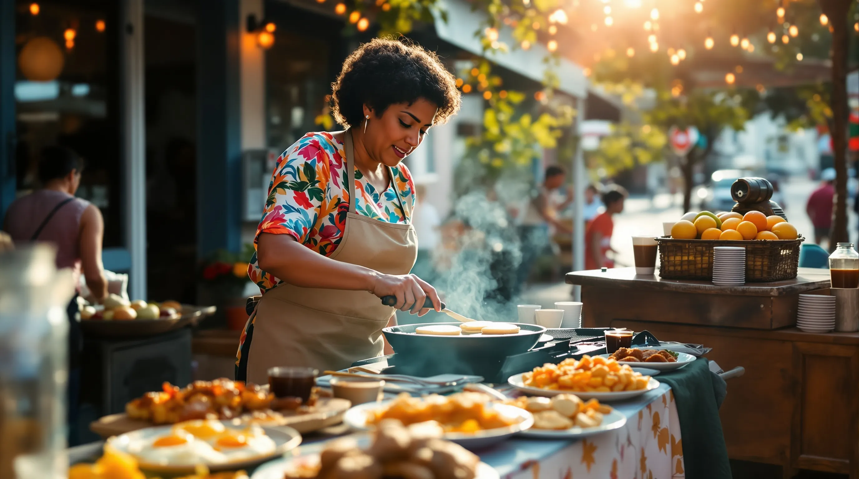 A woman cooking breakfast dishes at a vibrant market in the U.S.