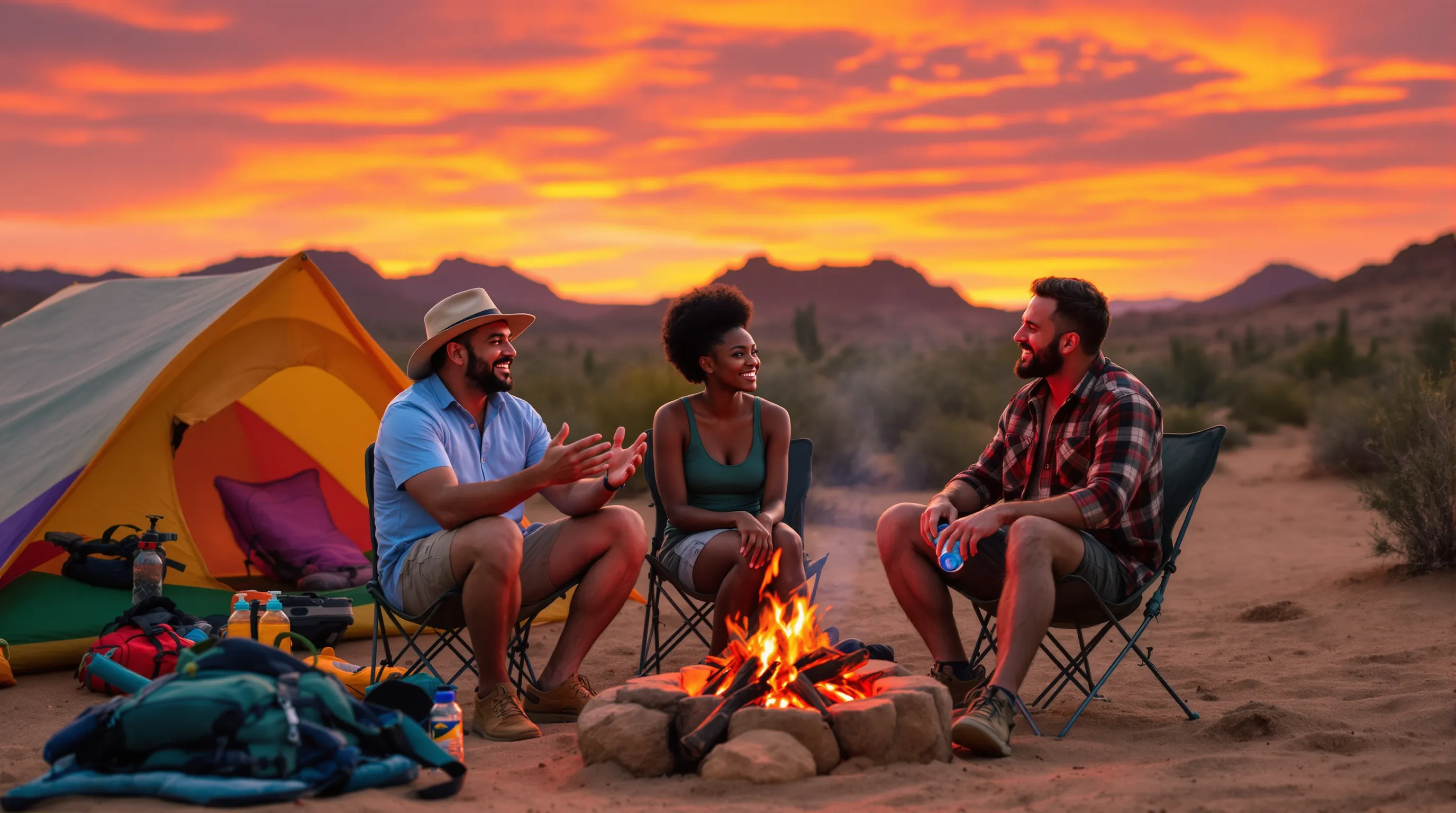 campers sharing stories around a fire in a desert landscape at sunset.