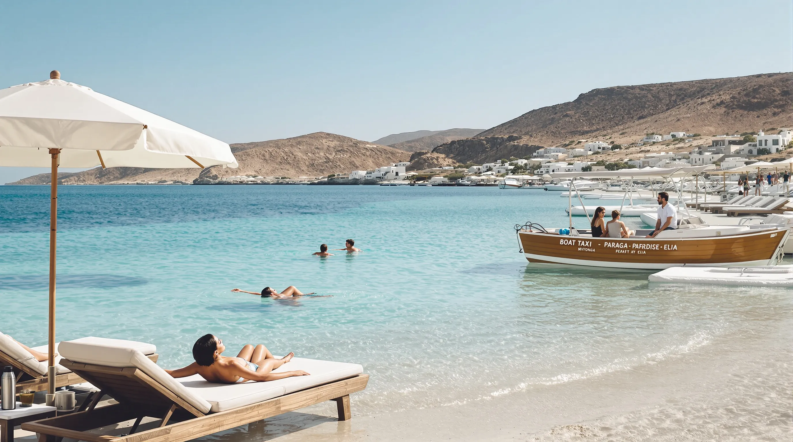 Calm morning at Mykonos beach with sunbeds, swimmer, and a boat taxi.