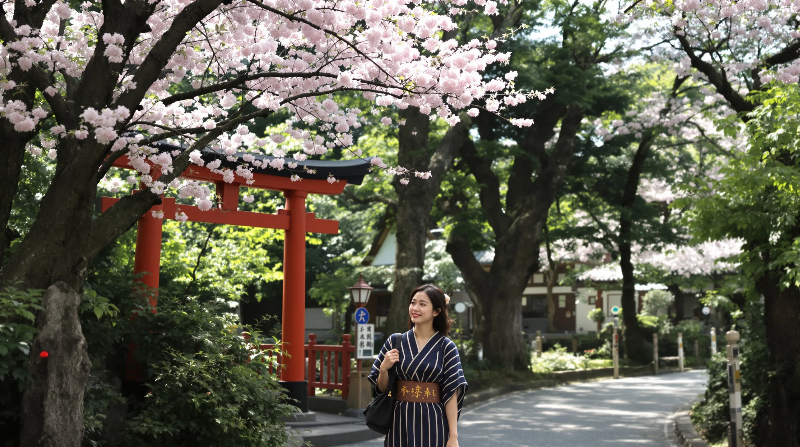 A woman exploring a shaded backstreet in Kyoto, surrounded by cherry blossoms.