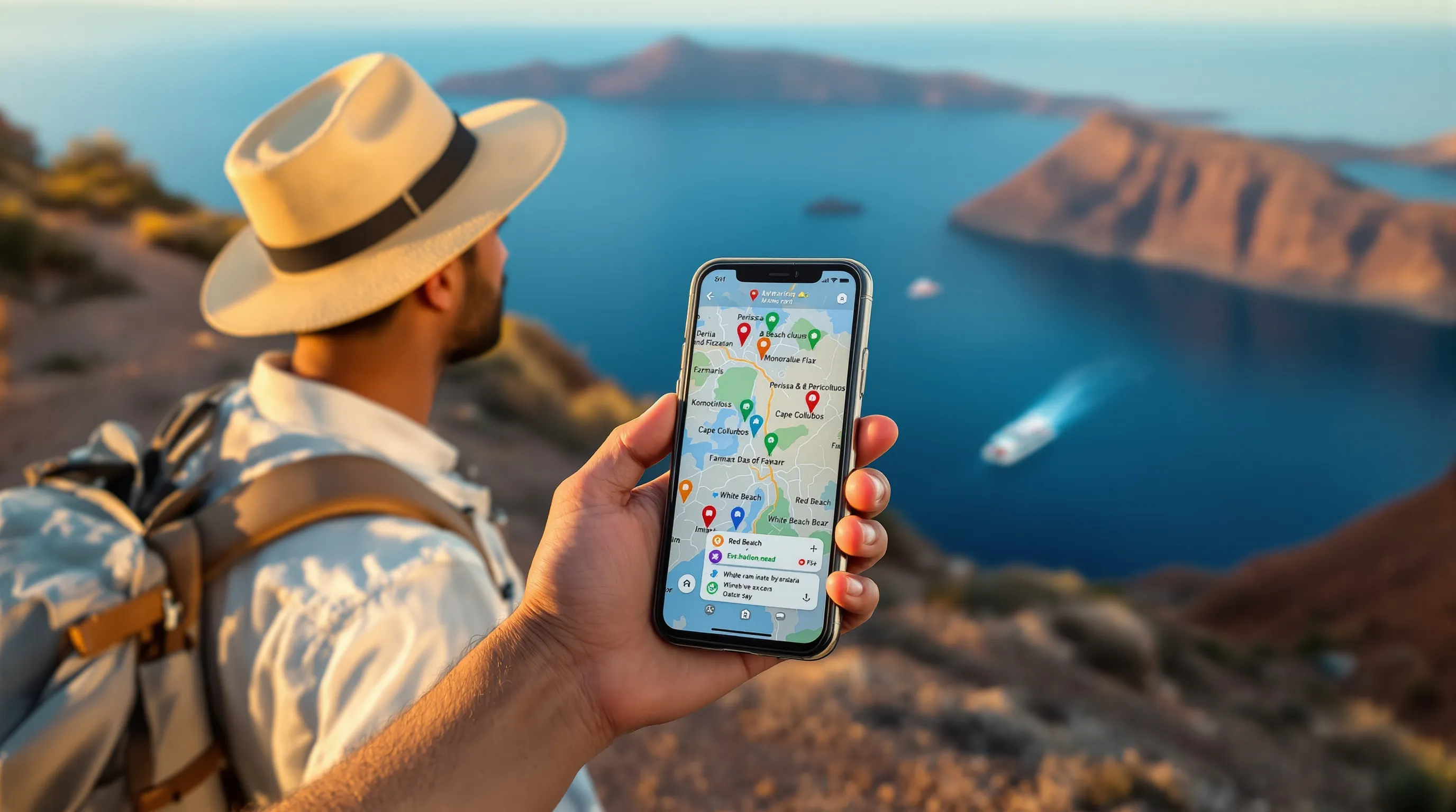 Traveler picks Santorini beaches on phone overlooking Red Beach and white cliffs.