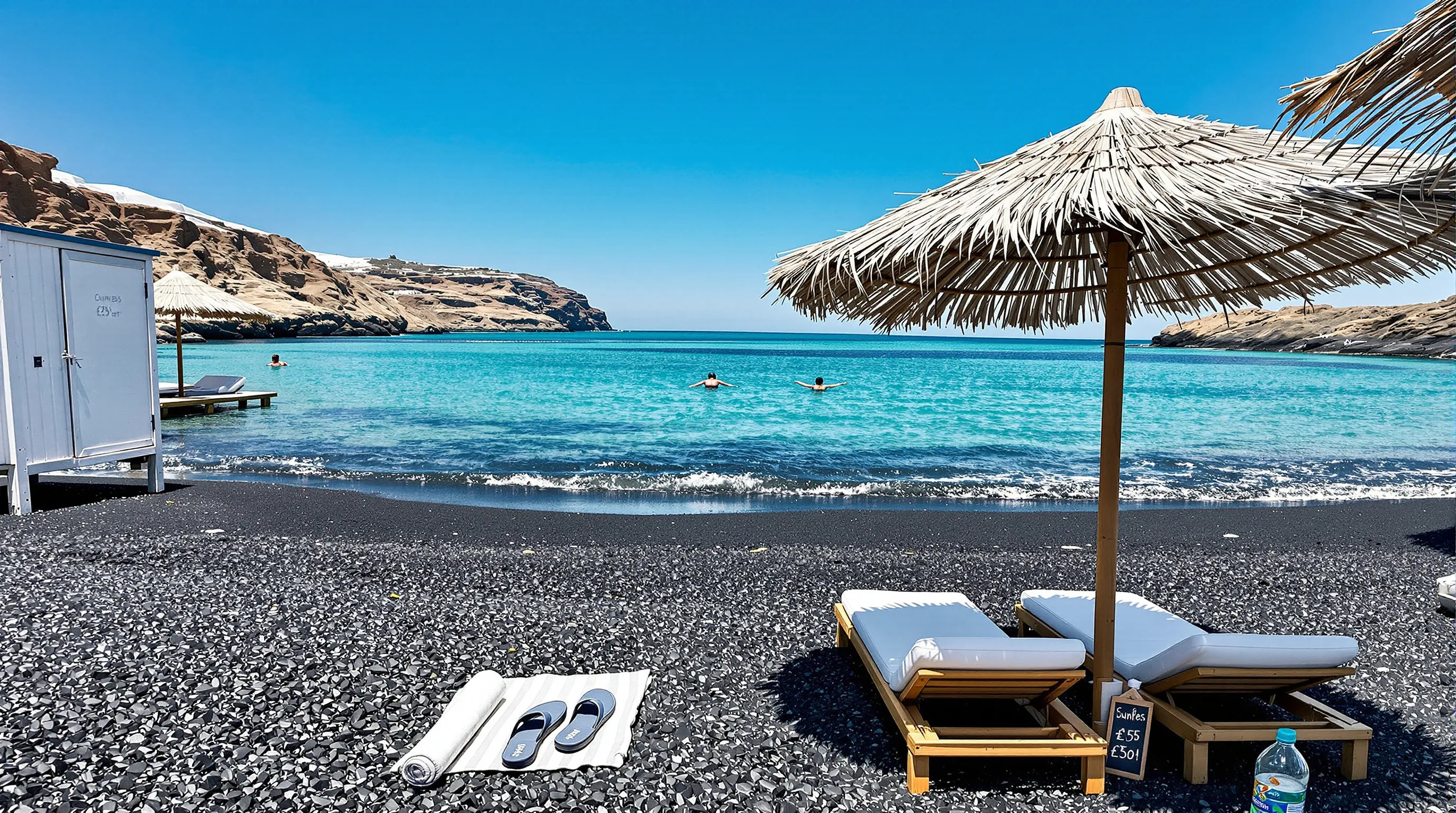 Sunbeds on Santorini’s black-sand beach with water shoes and clear, deep sea.