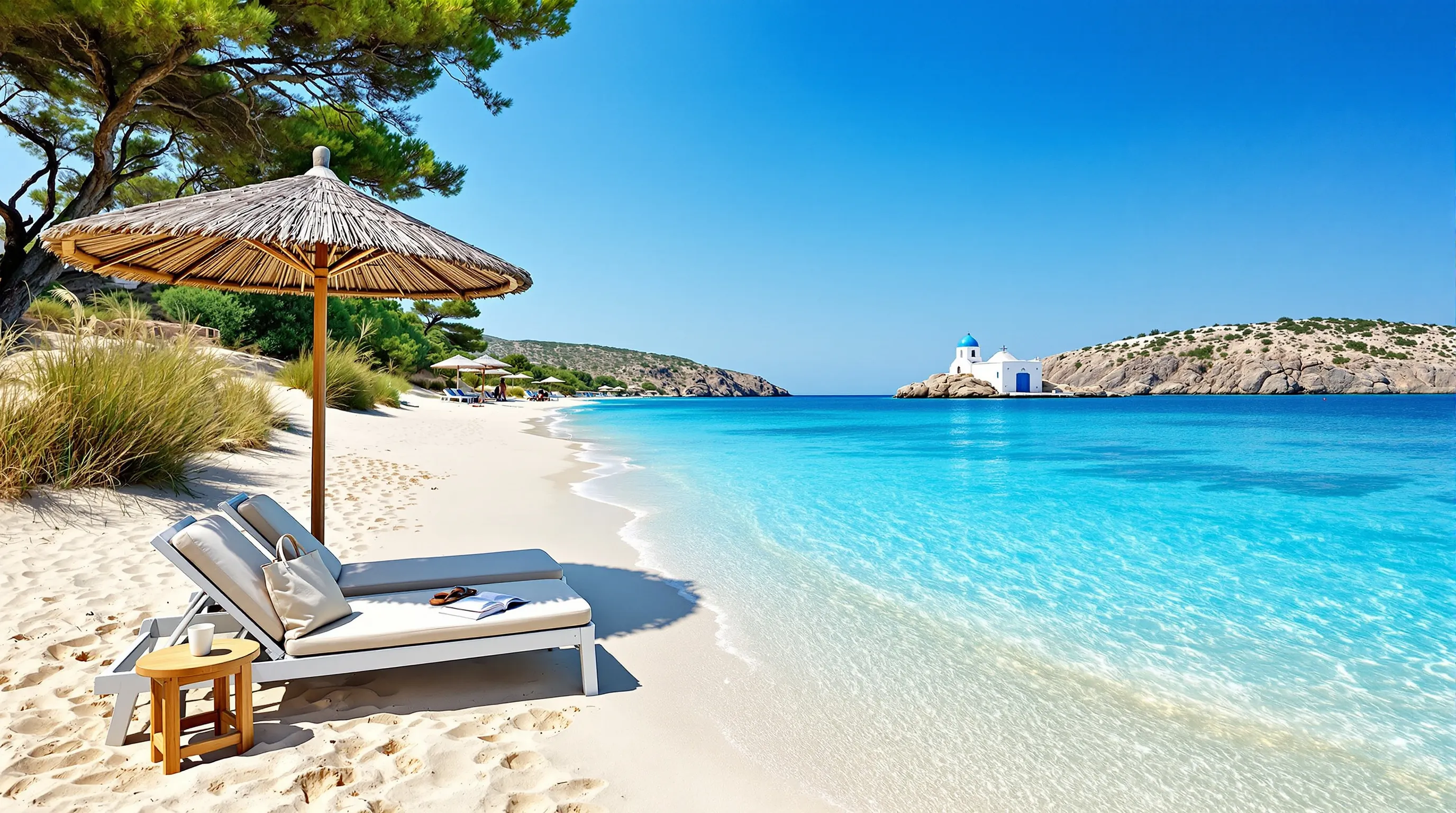 Sunbeds under a straw umbrella on a calm, sandy Greek island beach.