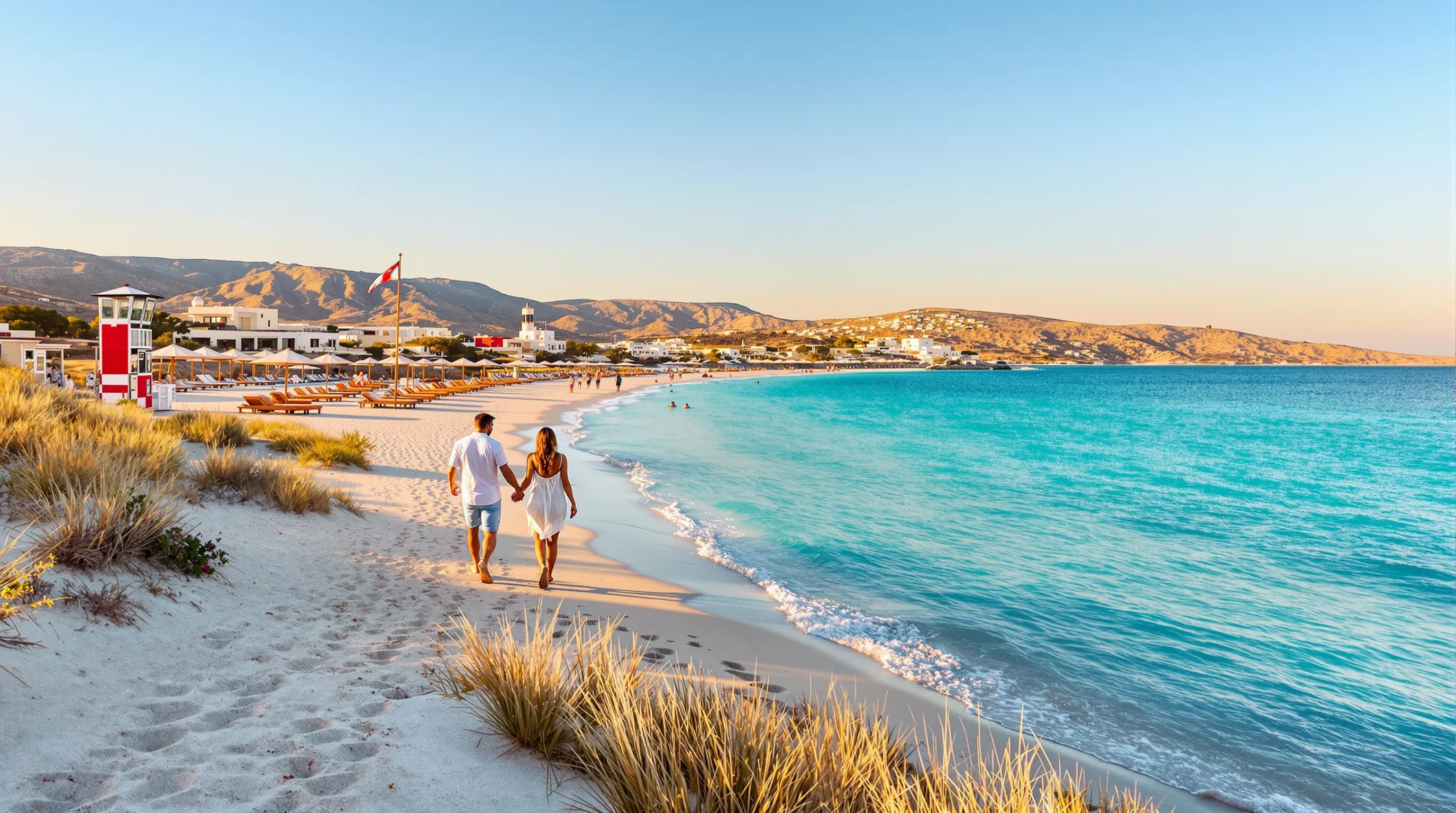 Couple walking Naxos’s turquoise shoreline at sunset past dunes, tavernas, and sunbeds.