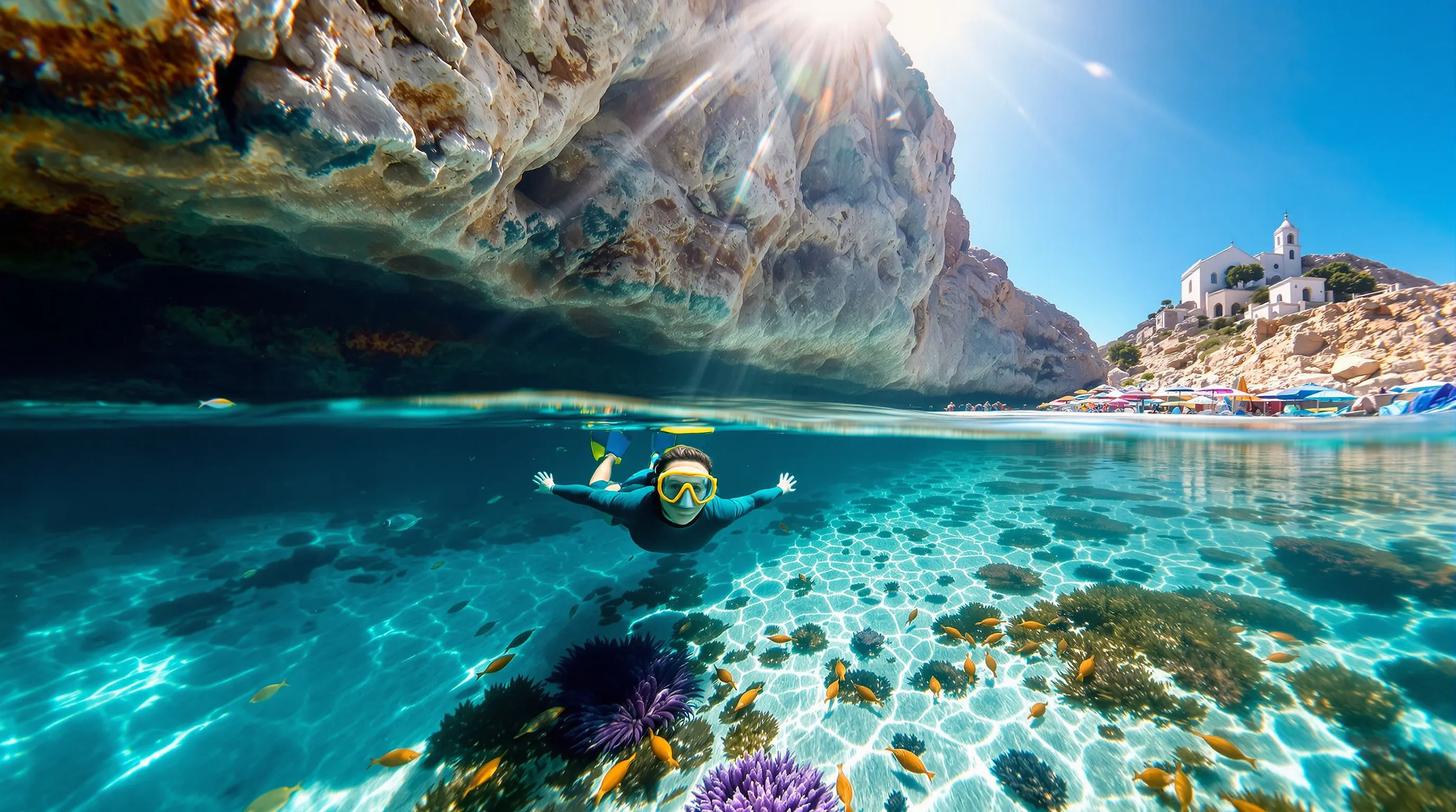 Snorkeler over clear Greek cove with fish, seagrass, and rocky sea cave.