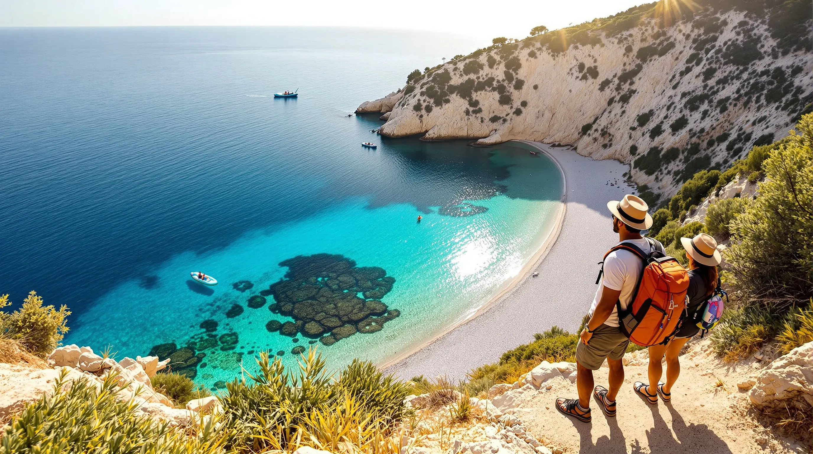 Hikers overlooking a secluded pebbly cove with clear turquoise water in Greece.