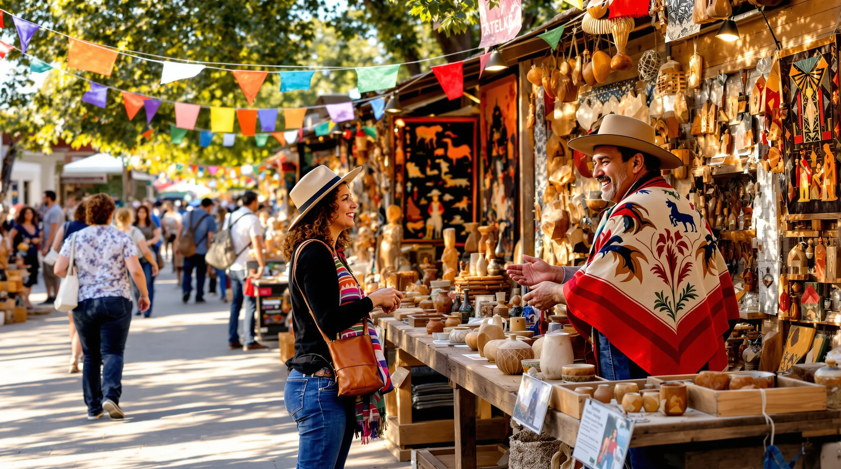 a lively artisan market in the U.S. with local crafts and artisan interactions.