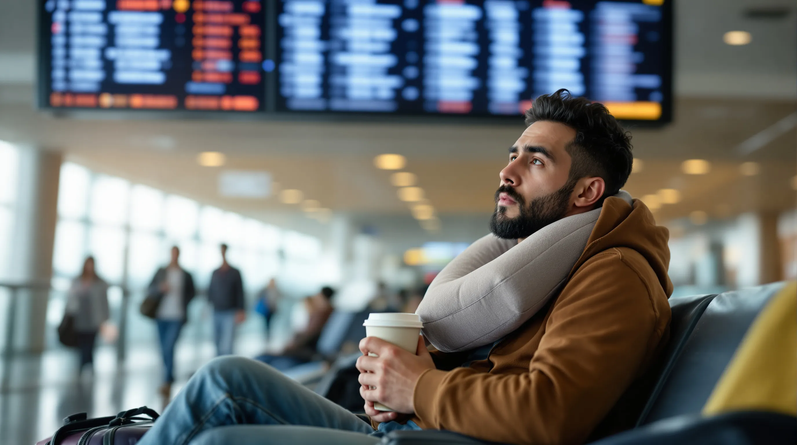 A tired traveler at an airport coping with jet lag.