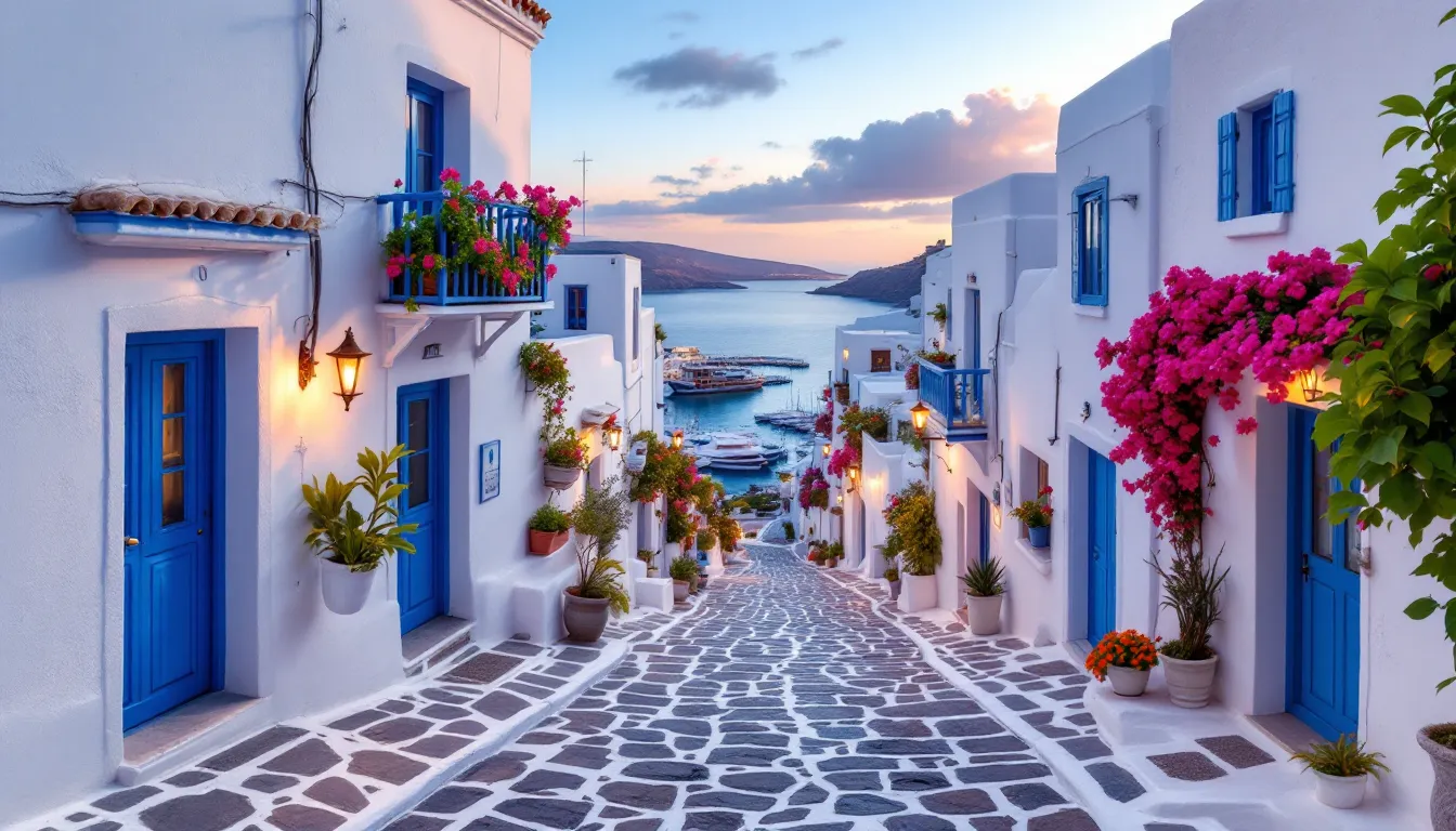 Twilight view of Mykonos harbor with white houses, windmills, chapel, and lively promenade.