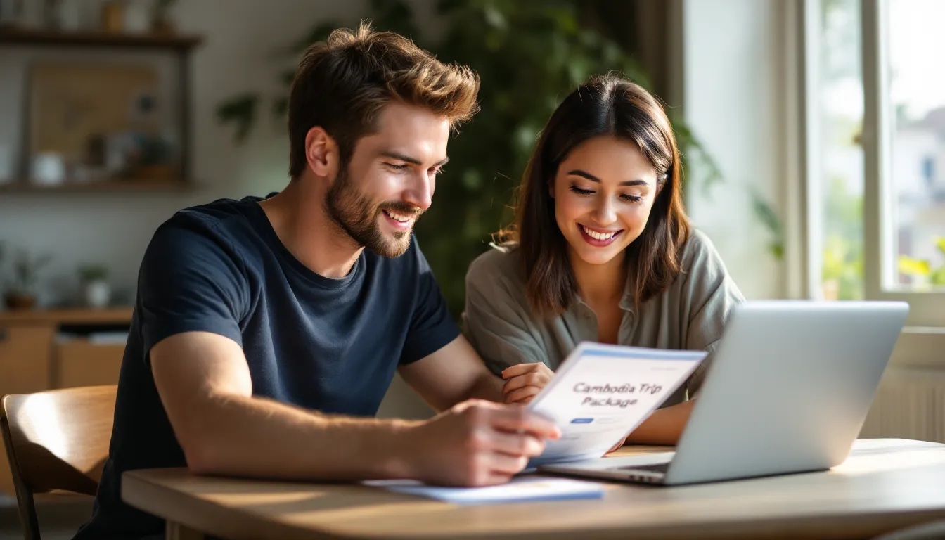 Young couple planning a customized Cambodia trip package with brochure and laptop.