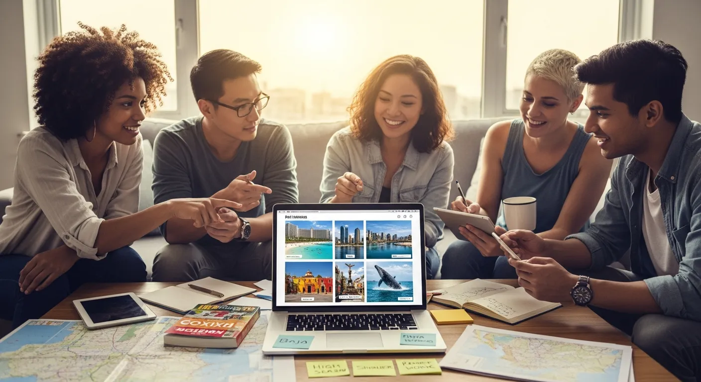 Diverse friends plan a Mexico vacation around a laptop showing beaches and cities.