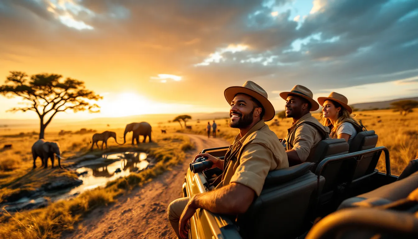American travelers quietly watch elephants and a distant leopard on an African sunset safari.