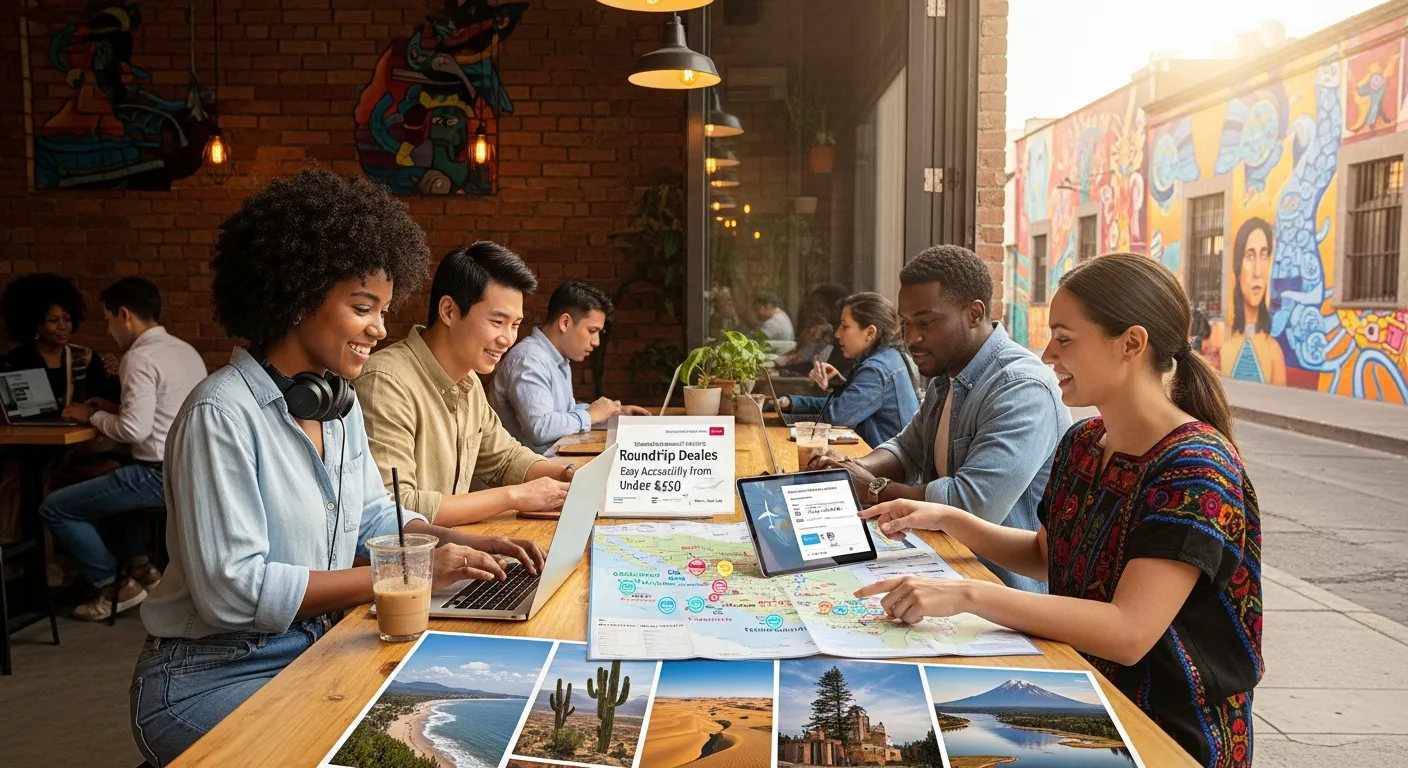 Diverse young travelers work on laptops in a Mexico City café planning trips across Mexico.
