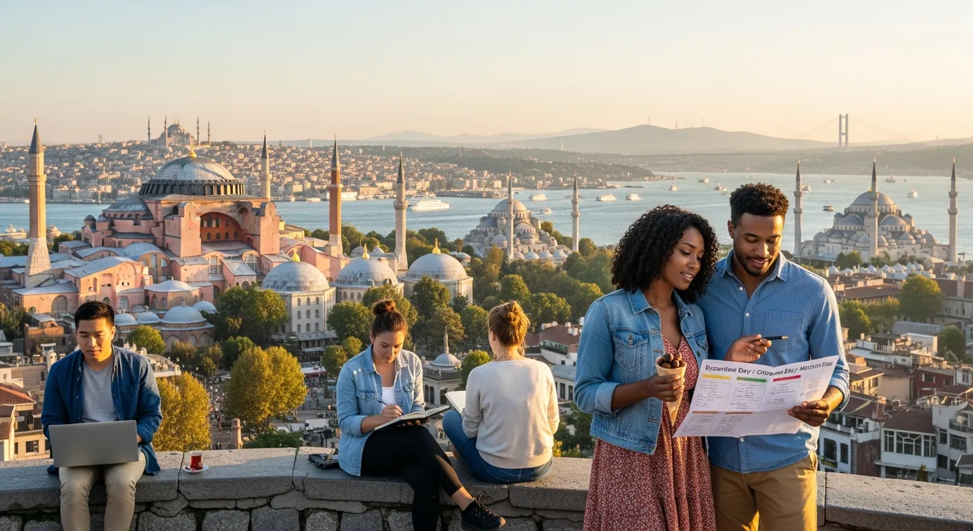 Diverse travelers overlook Istanbul’s layered Byzantine, Ottoman, and modern skyline at sunset.
