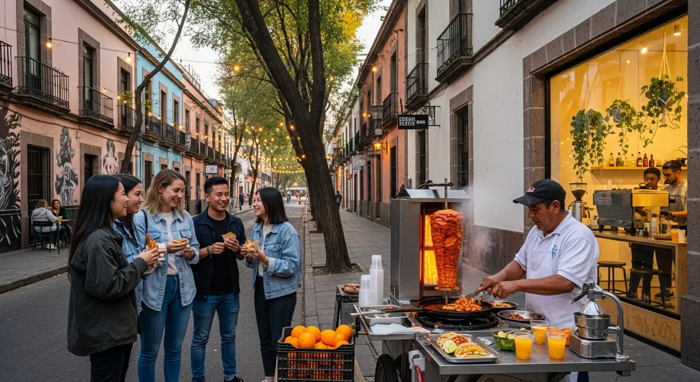 Young travelers eat tacos at a street stand in leafy Roma neighborhood, Mexico City.