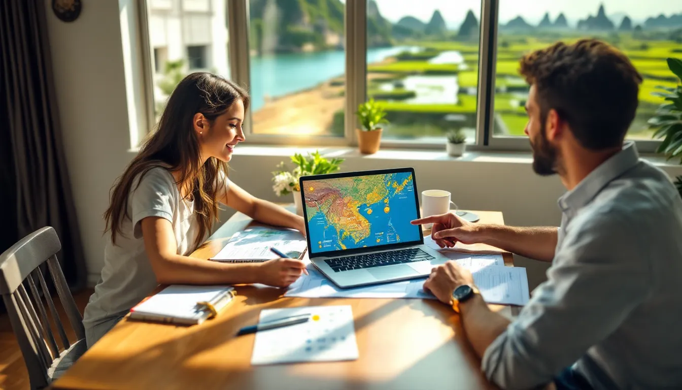 Young American couple planning a Vietnam and Cambodia trip with seasonal weather map.