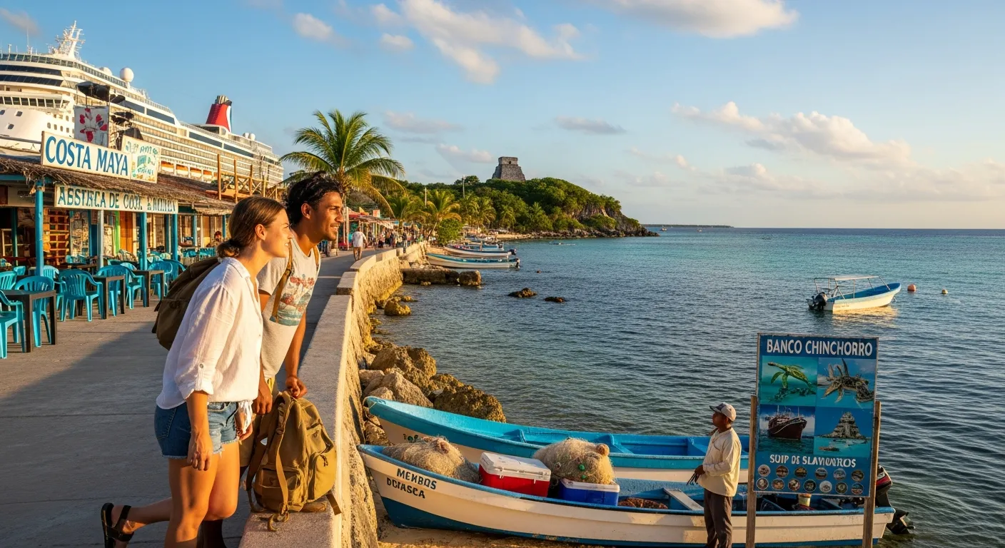 Couple overlooking Mahahual’s reef, cruise ship, and quiet Costa Maya waterfront at sunset.