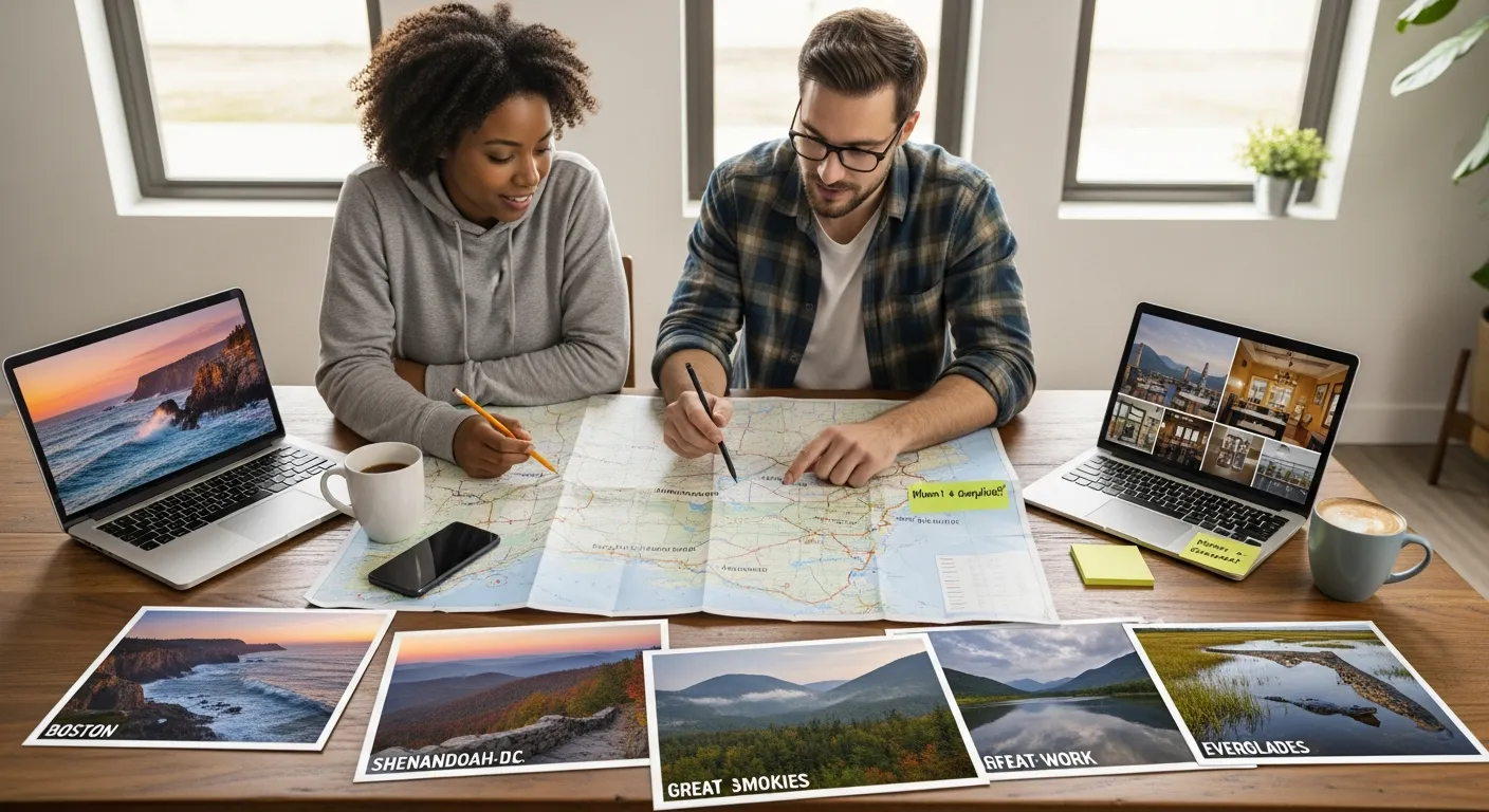 Young couple planning an East Coast national parks road trip with maps and photos.