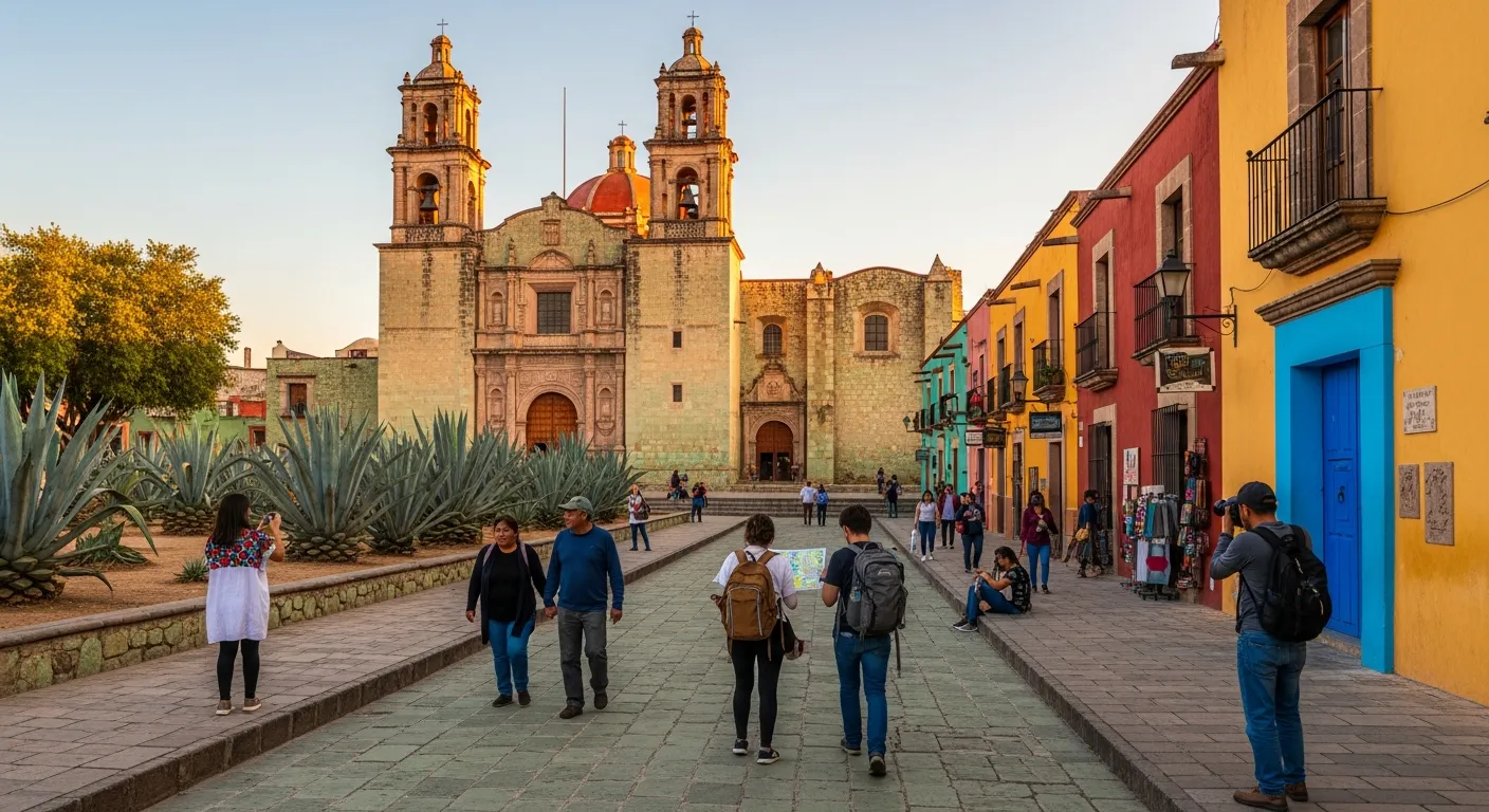 People strolling toward Santo Domingo church in Oaxaca’s historic center at golden hour.