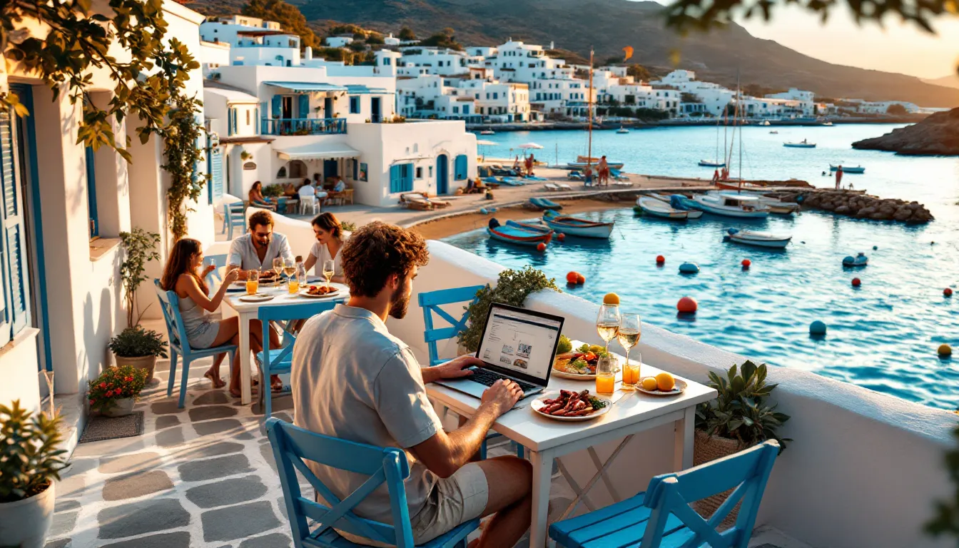 Remote worker at a Paros harbor taverna overlooking boats, village, and beach.