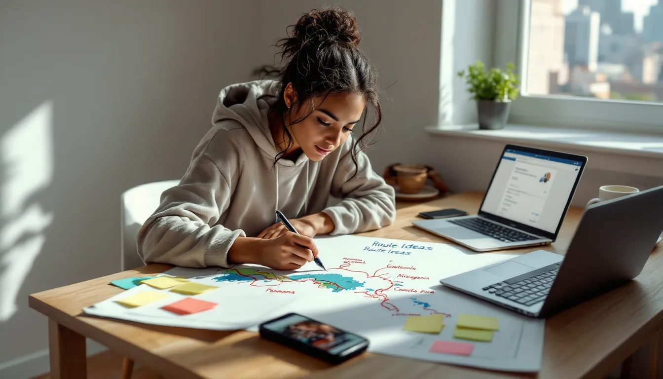 Traveler in a U.S. apartment planning different route options through Central America.