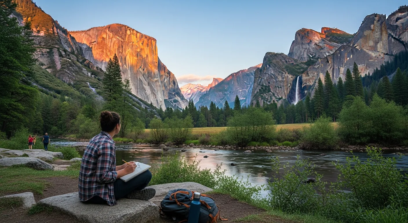 Traveler sketching Yosemite Valley at sunrise with El Capitan, Half Dome, and waterfalls.