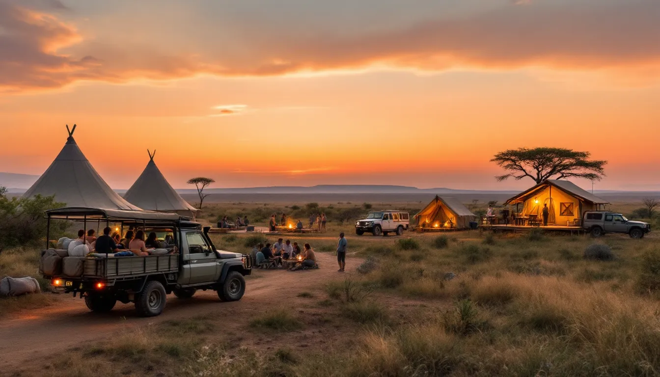 Sunset panorama showing budget camp, tented camp, and luxury lodge on African safari.
